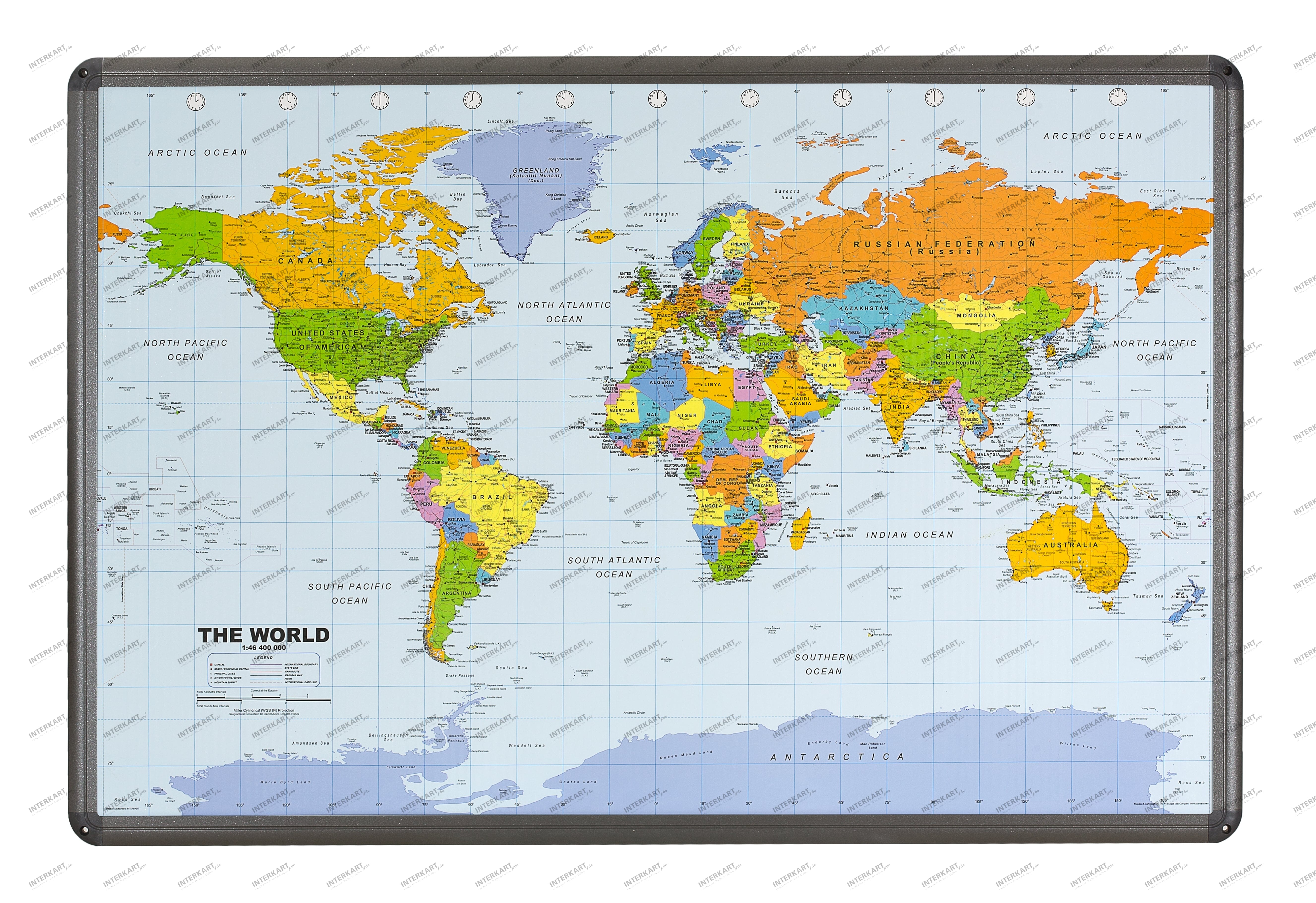Weltkarte politisch Pinnwand mit Aluminiumrahmen