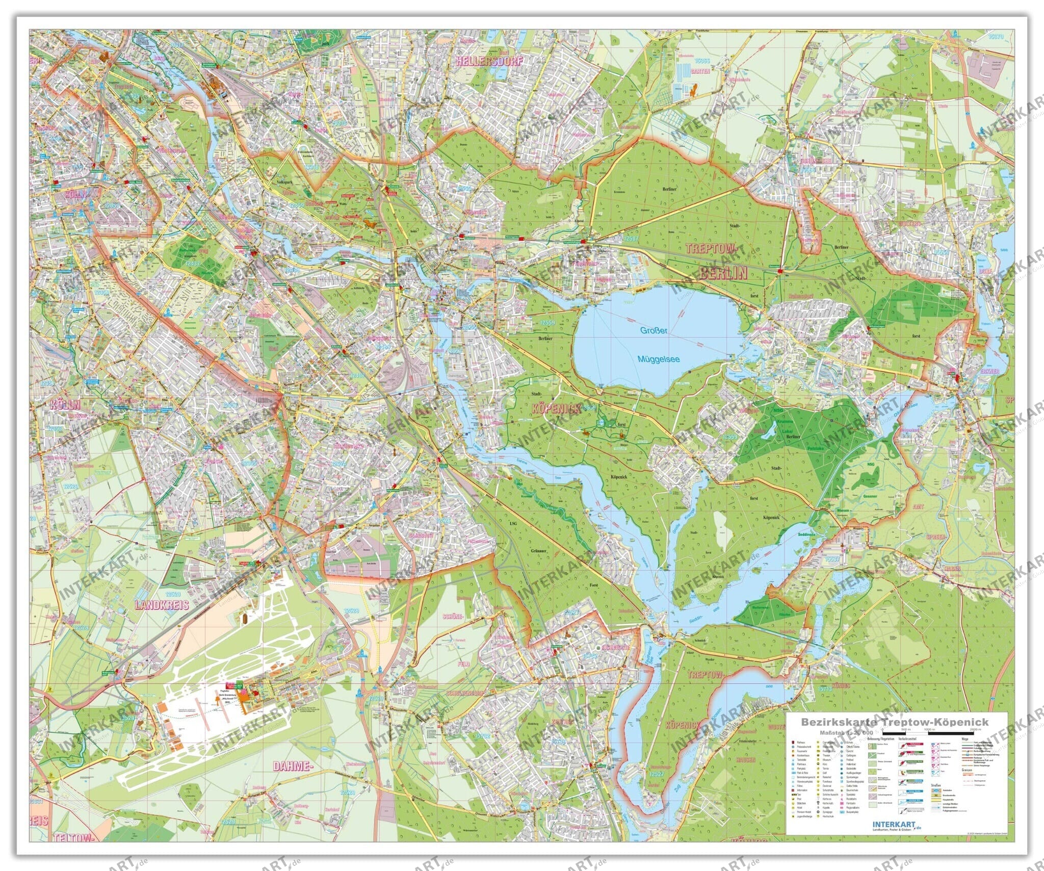 Detailed district map of Treptow-Köpenick with street names and landmarks