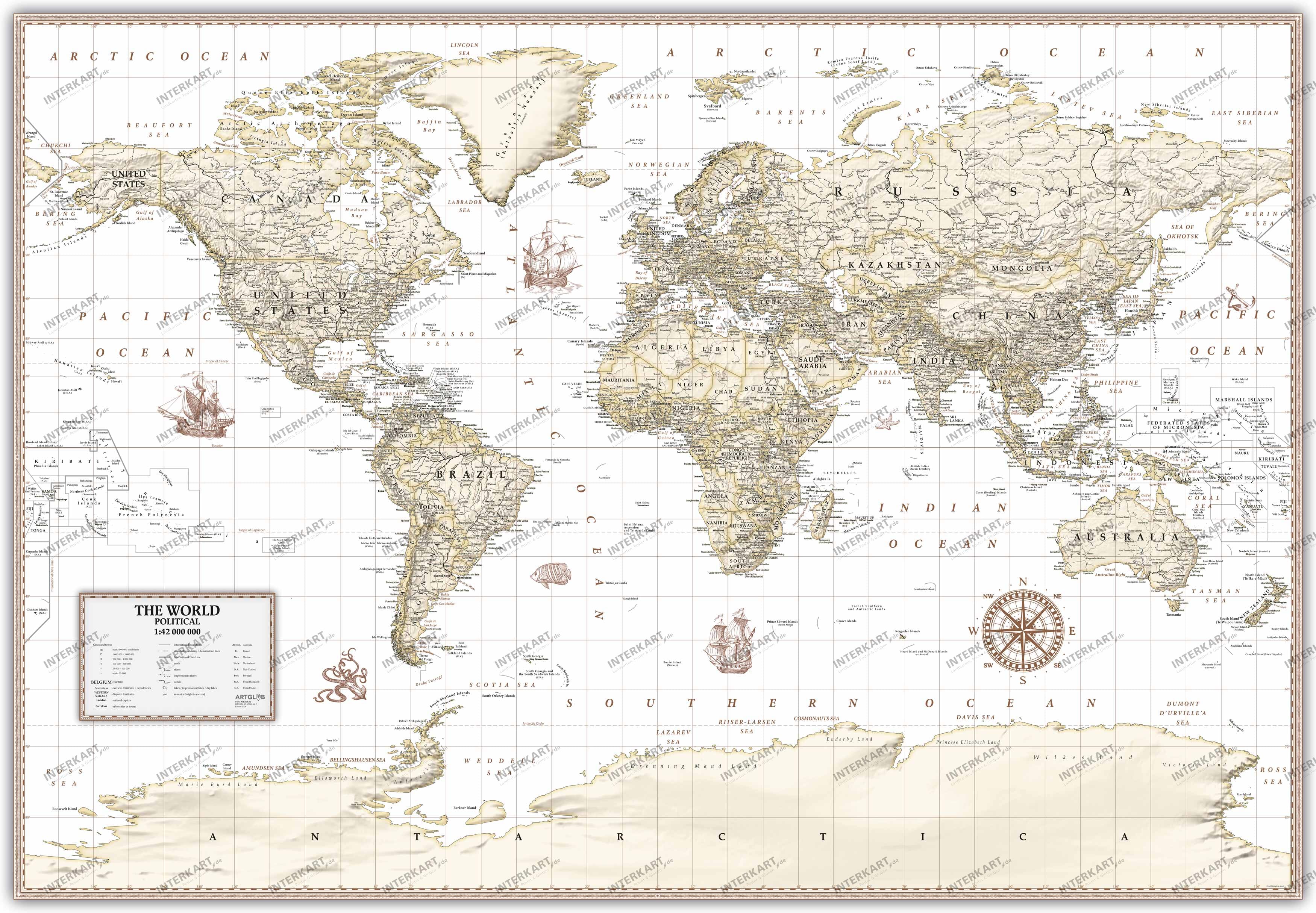 Kleine Vintage Deko Weltkarte in Sandfarben und englischer Sprache Format 100 × 70 cm.