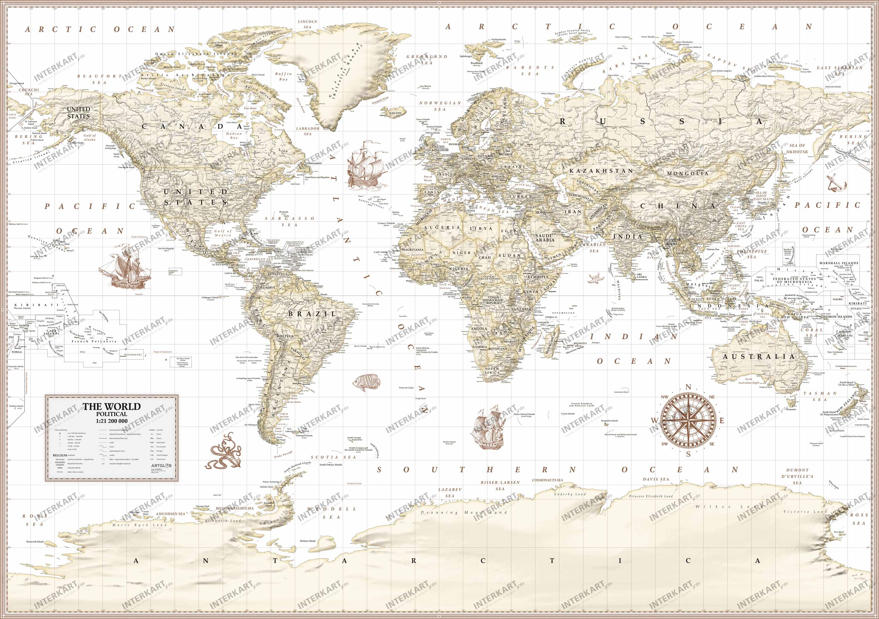 Große Vintage Deko Weltkarte in Sand in englischer Sprache im Format 195 × 140 cm mit dekorativen Illustrationen.