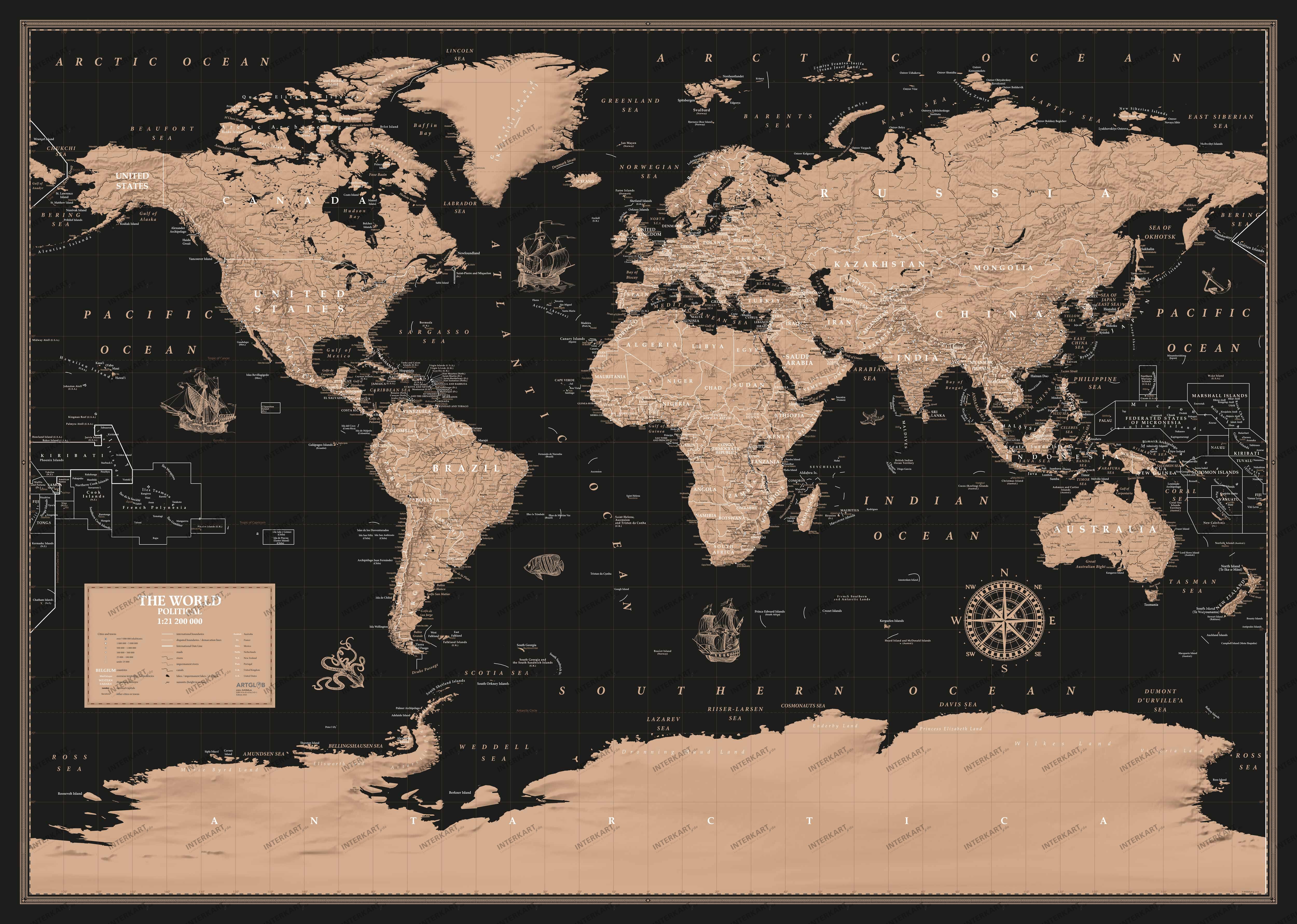 Vintage Deko Weltkarte in Schwarz/Braun mit englischer Beschriftung im Großformat 195 x 145 cm für Büro, Wohnzimmer und Wanddekoration.