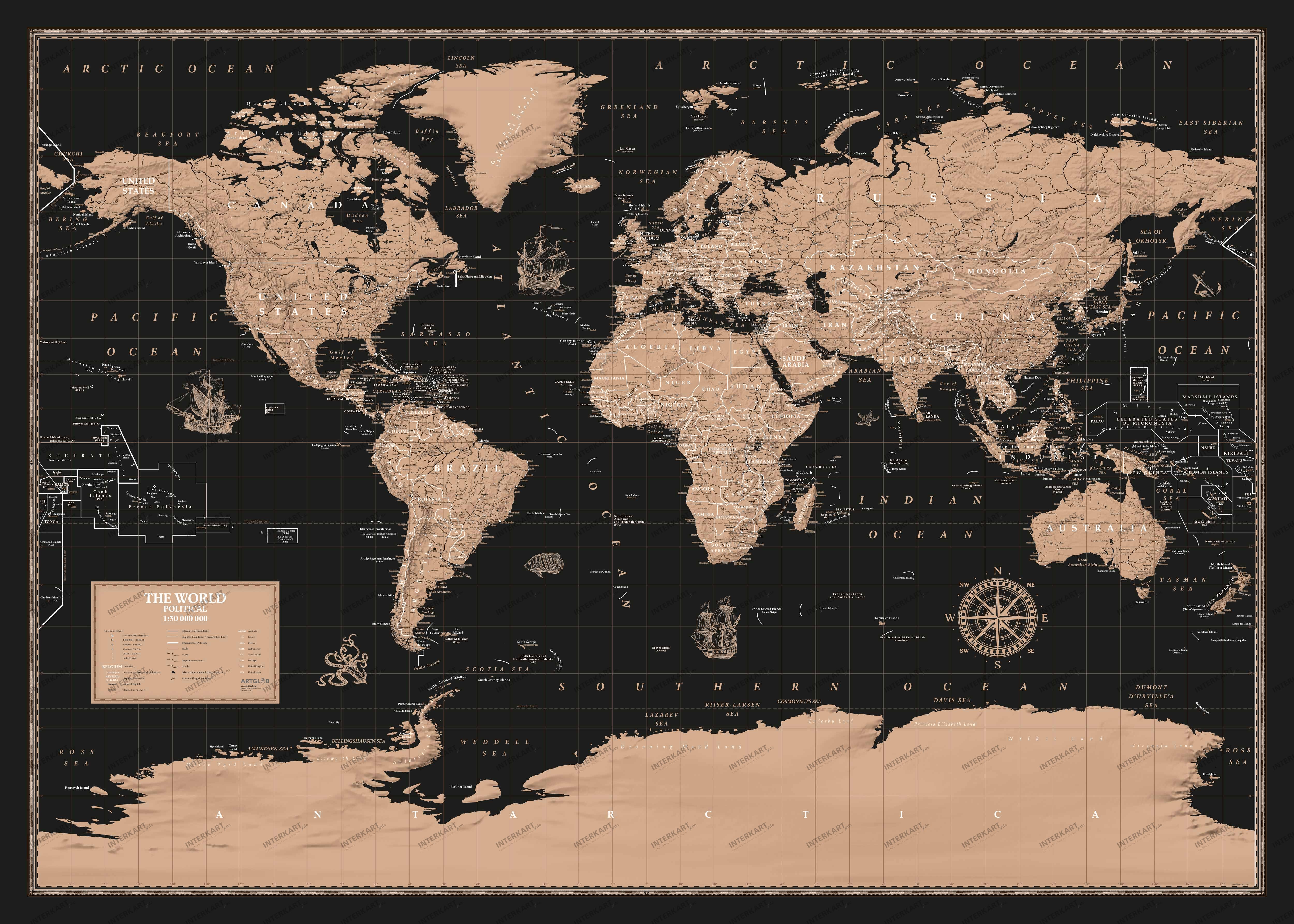 Vintage Deko Weltkarte in Schwarz/Braun mit englischer Beschriftung im Standardformat 140 x 100 cm für Büro, Wohnzimmer und moderne Wanddekoration.