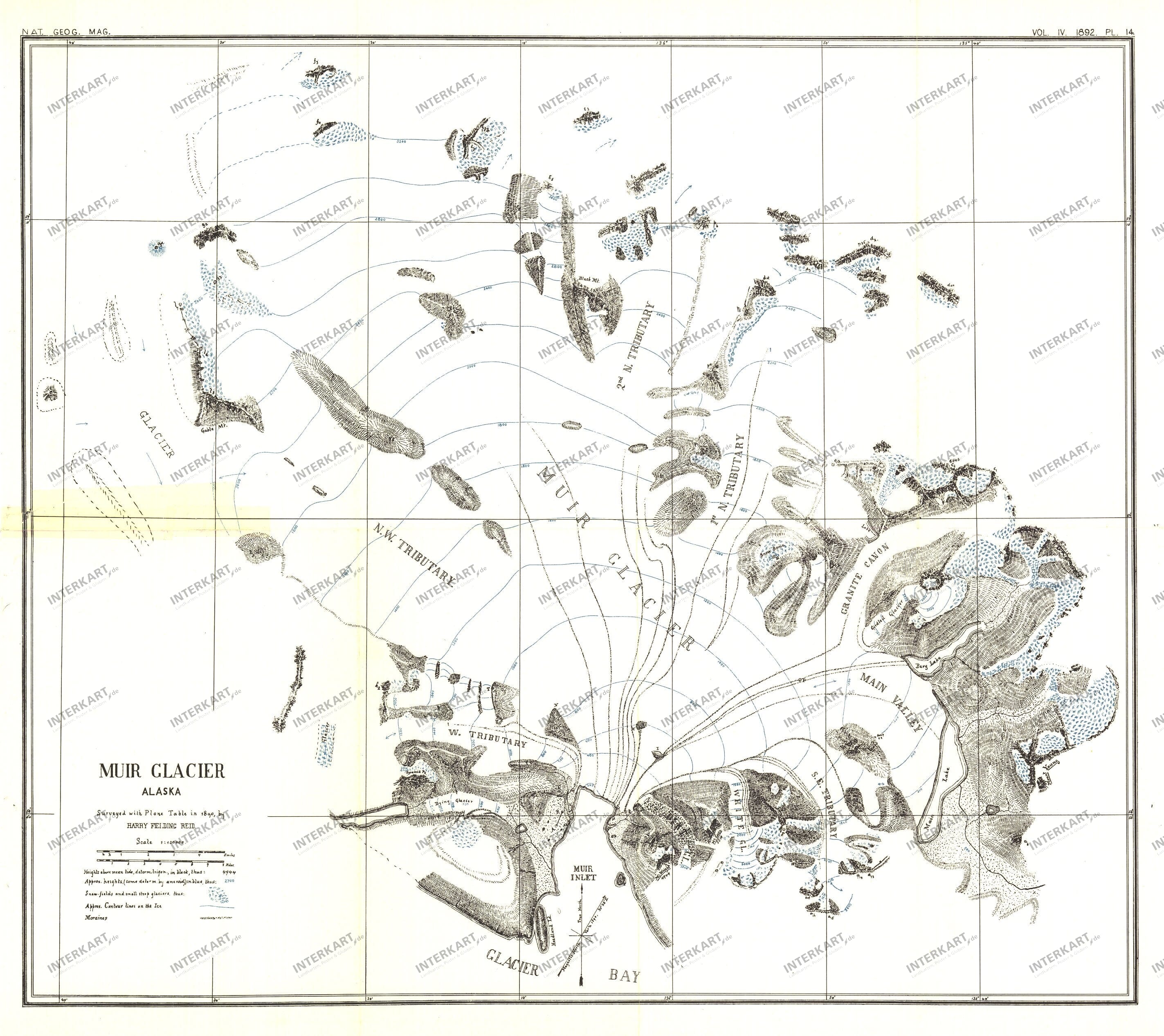 1892 Muir Gletsjer Alaska Kort 48 x 43cm