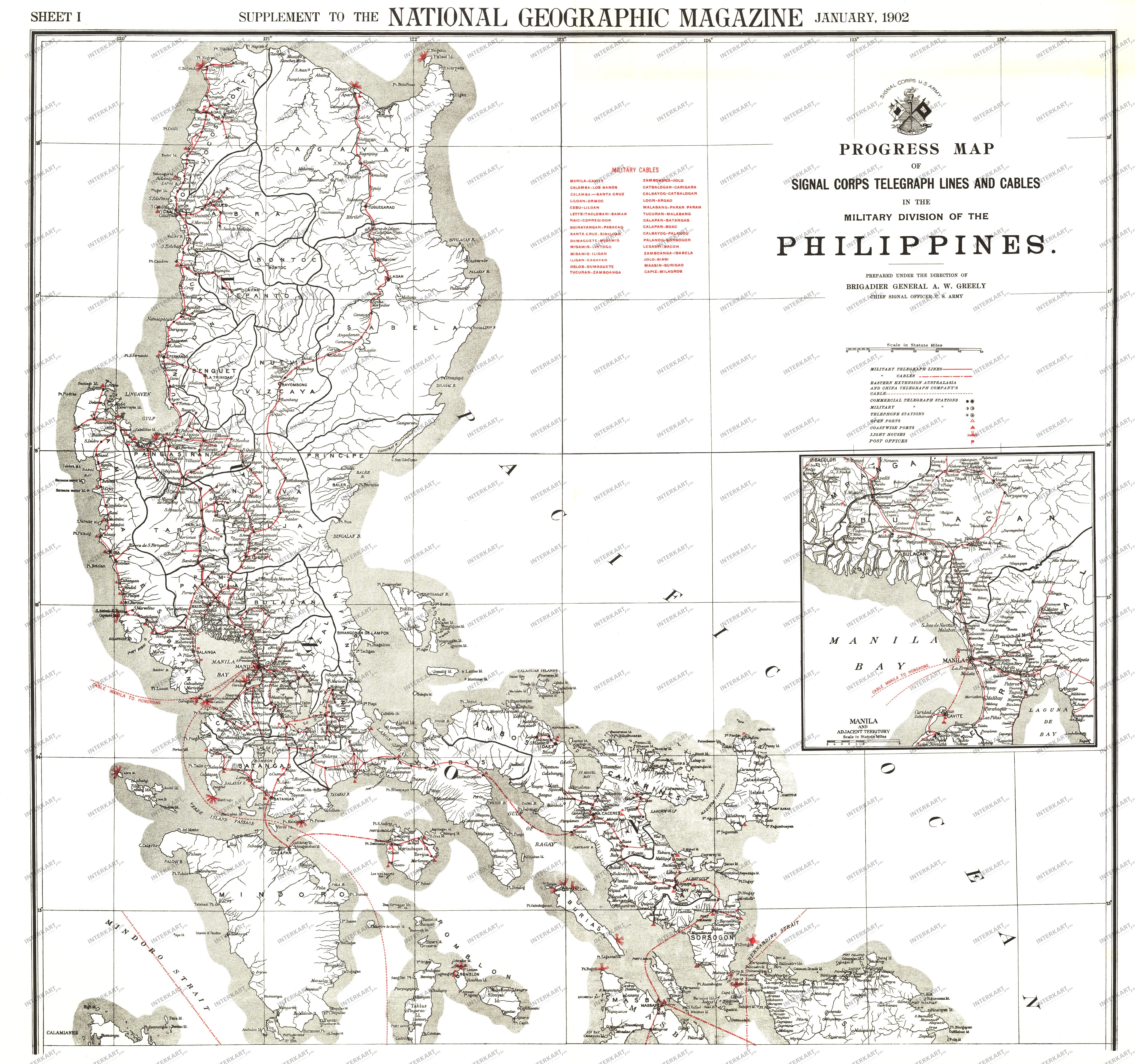 1902 Philippines North Military Telegraph Lines Map from National Geographic