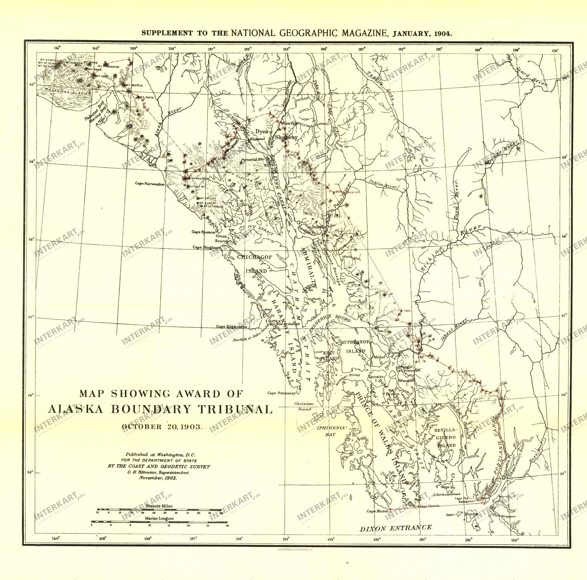 1904 Map Showing Award Of Alaska Boundry Tribunal (1896) from National Geographic