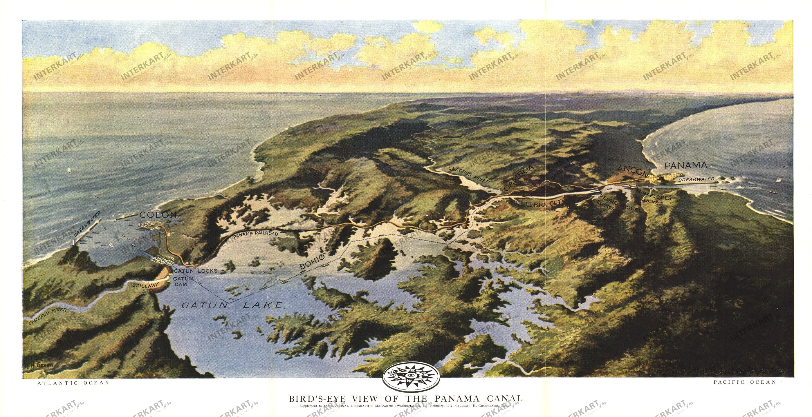 1912 Birds Eye View Of The Panama Canal Map from National Geographic