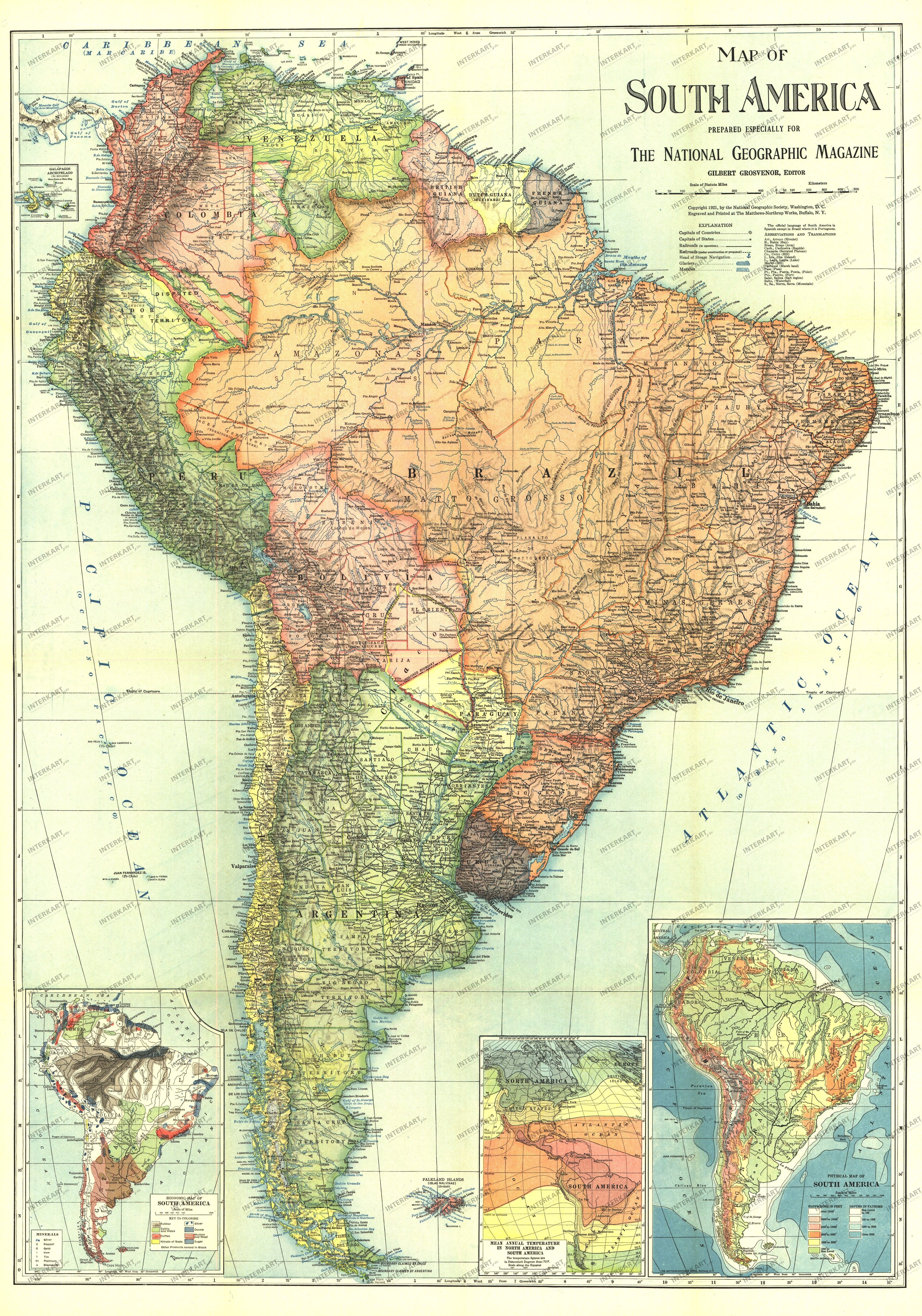 1921 South America Map 66 x 94cm