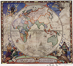 1928 Entdecker Weltkarte - Östliche Hemisphäre 47 x 42cm