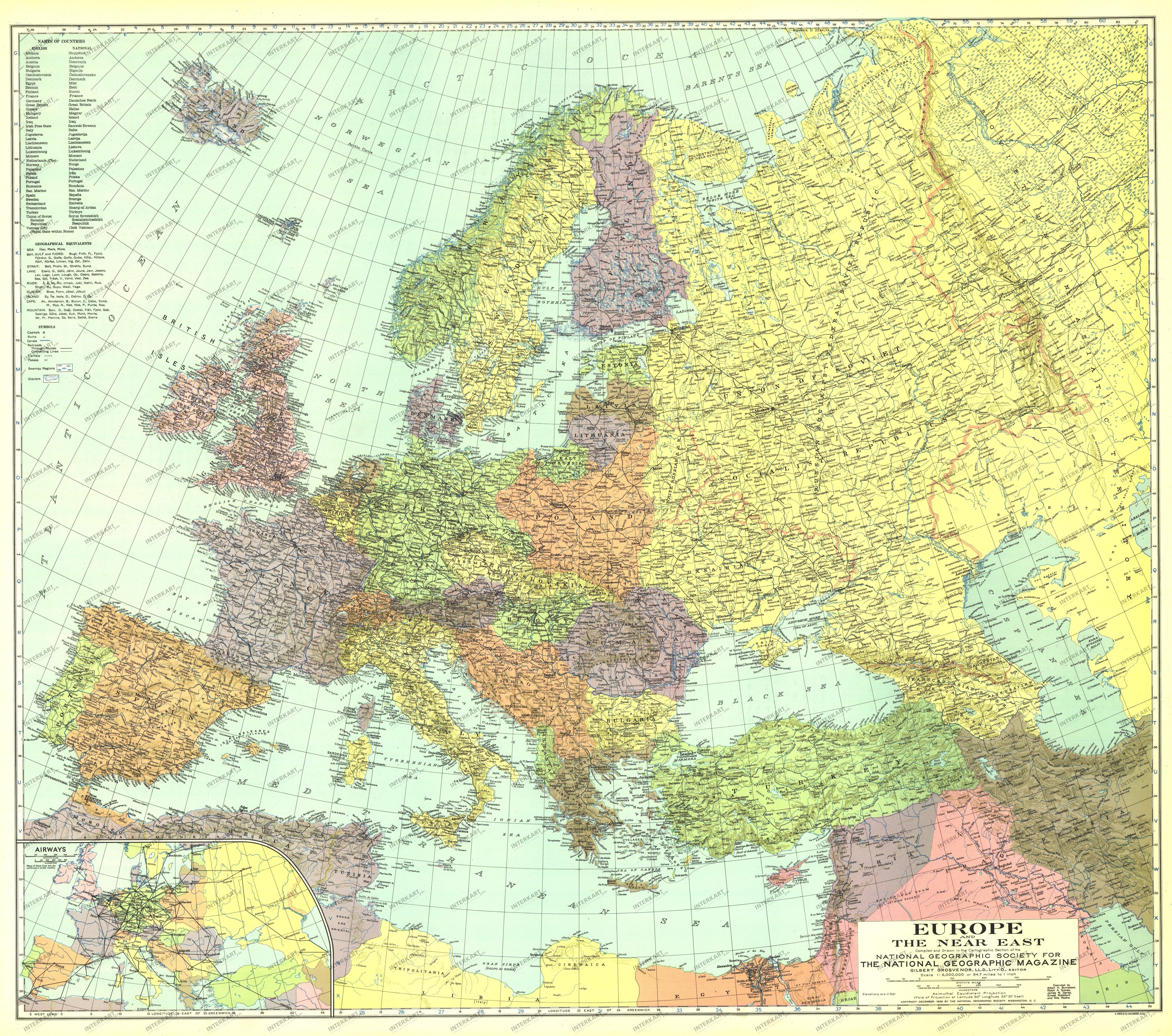 1929 Europe and the Near East Map 98 x 86cm