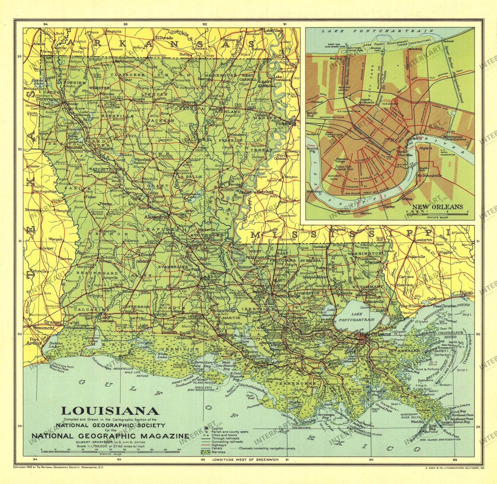 1930 Louisiana Map from National Geographic