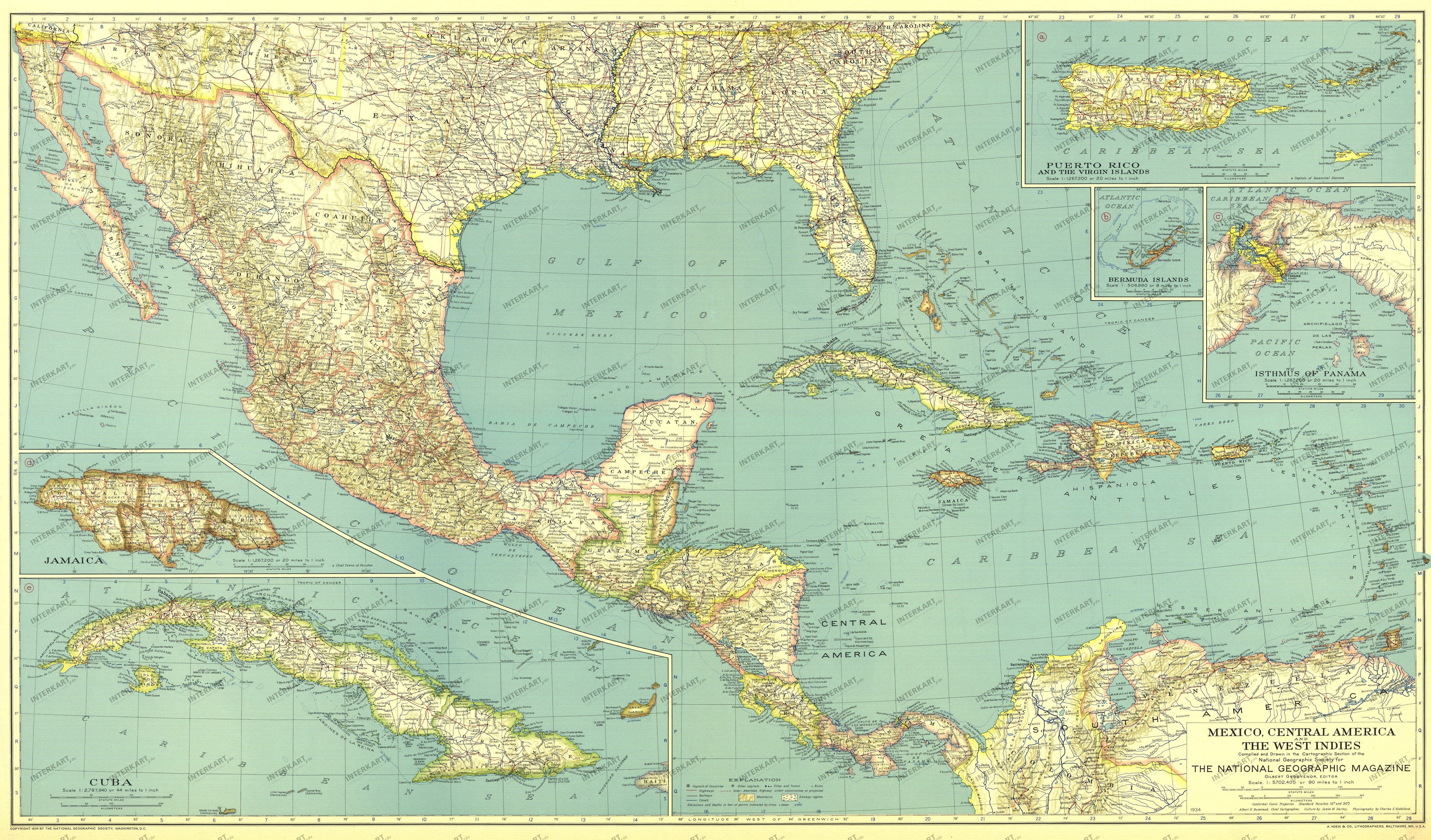 1934 Mexico, Central America And The West Indies Map - National Geographic