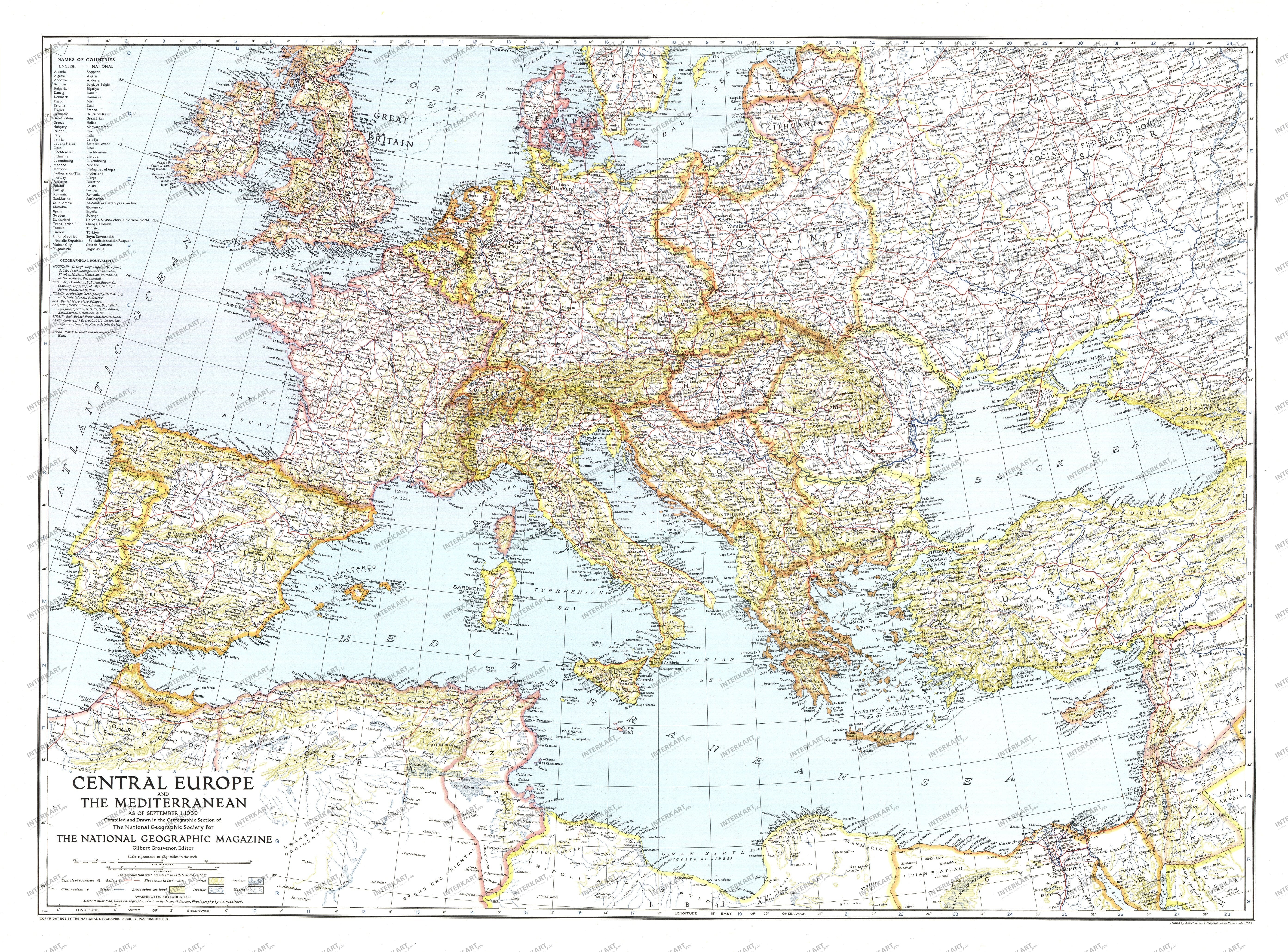 1939 Central Europe And The Mediterranean Map 94 x 70cm