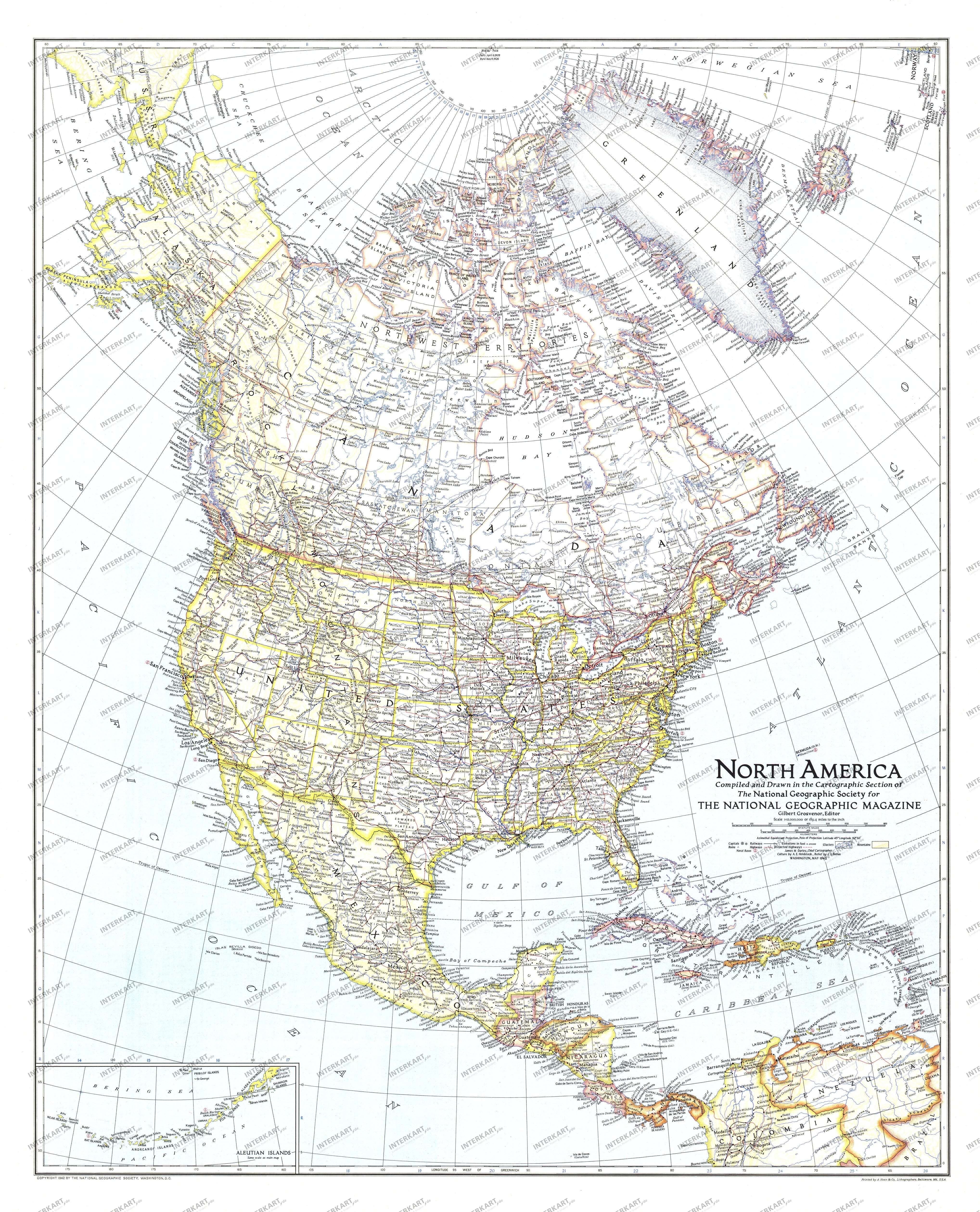 1942 North America Map 69 x 85cm