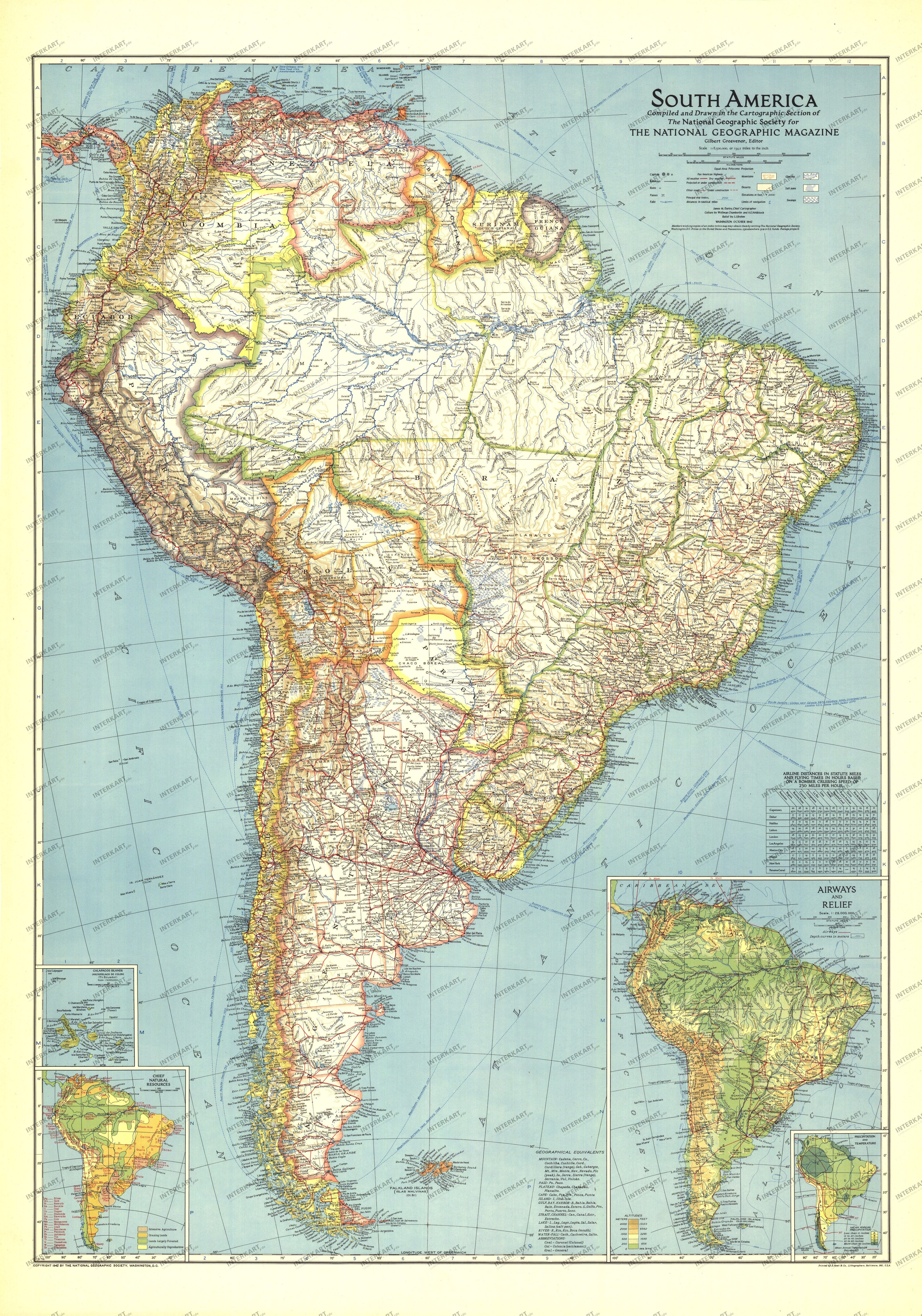 1942 South America Map 70 x 99cm