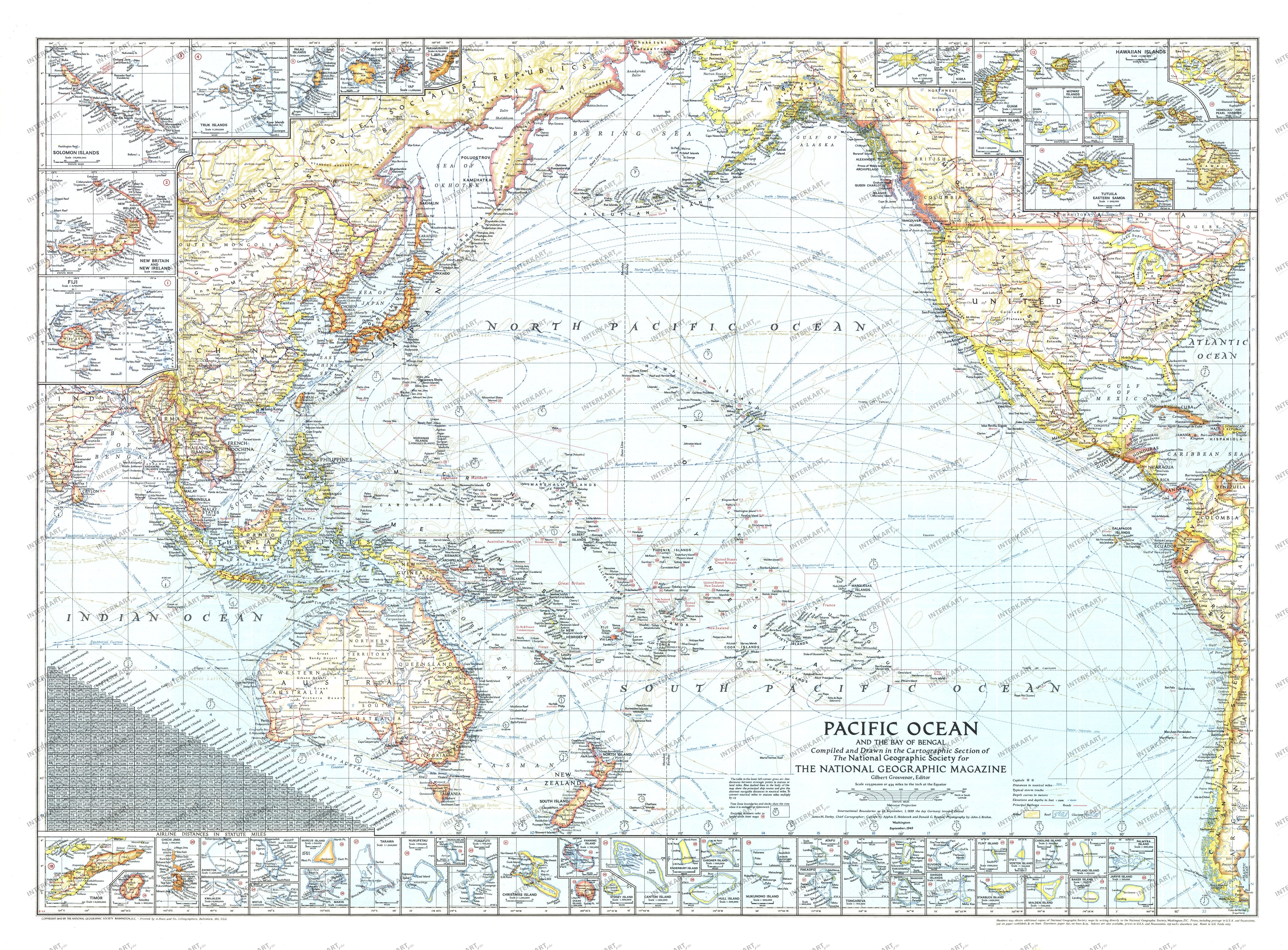 1943 Pacific Ocean And The Bay Of Bengal Map from National Geographic