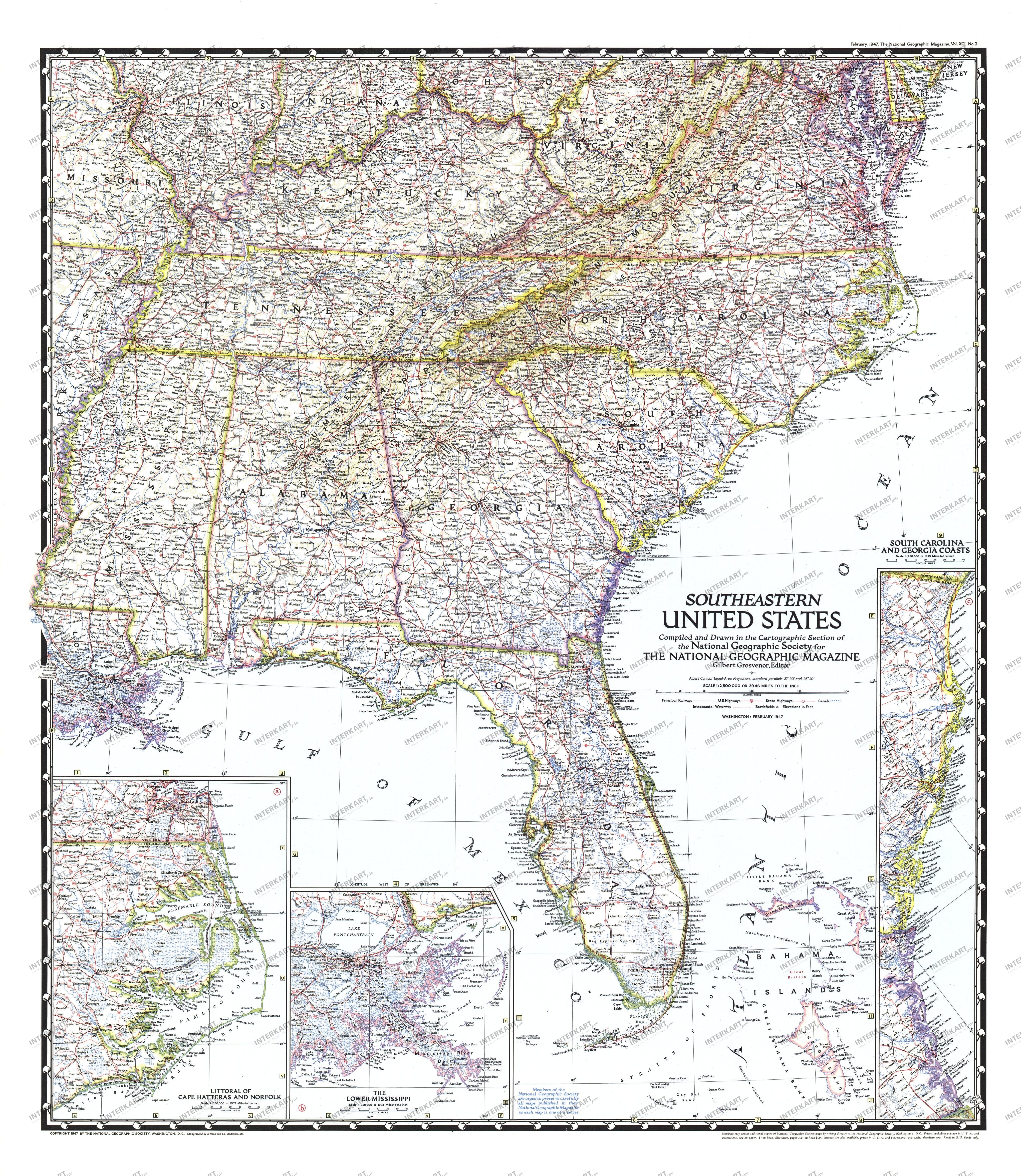 1947 Southeastern United States Map from National Geographic