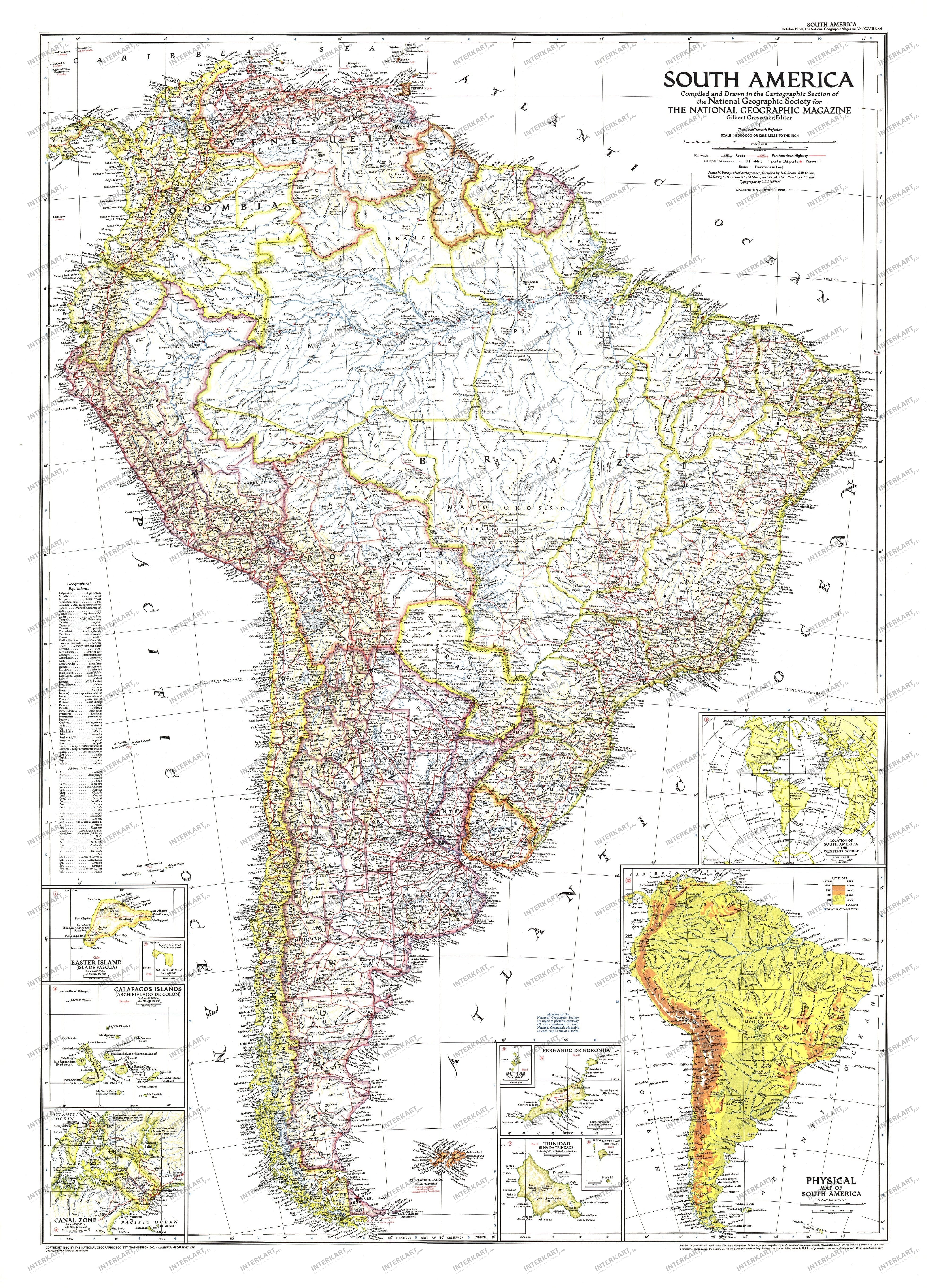 1950 South America Map 74 x 102cm