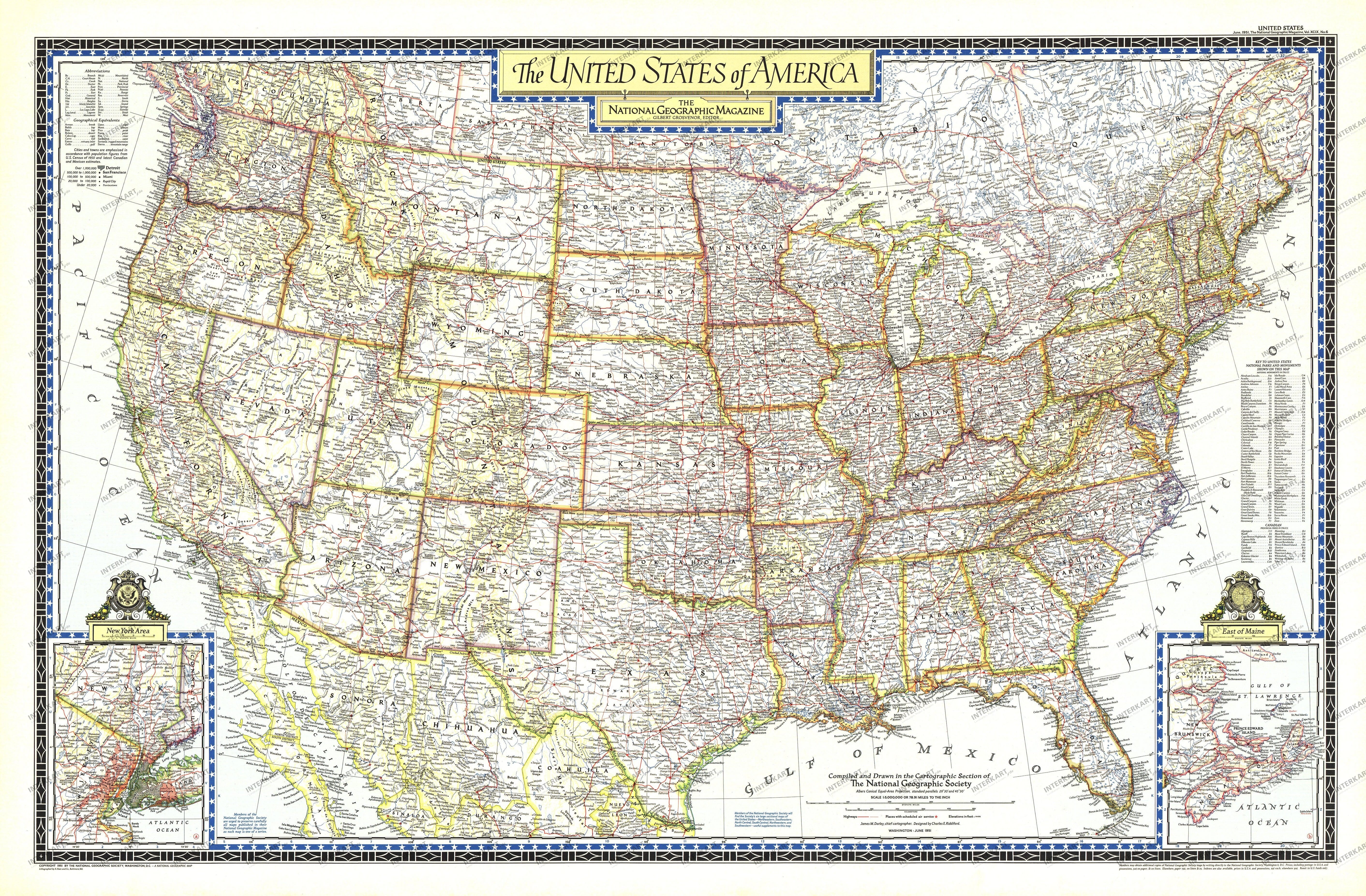 1951 United States Of America Map 107 x 70cm