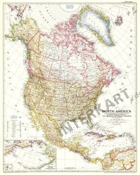 1952 North America Map 71 x 89cm