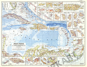 1954 Westindische Inseln Karte 94 x 74cm