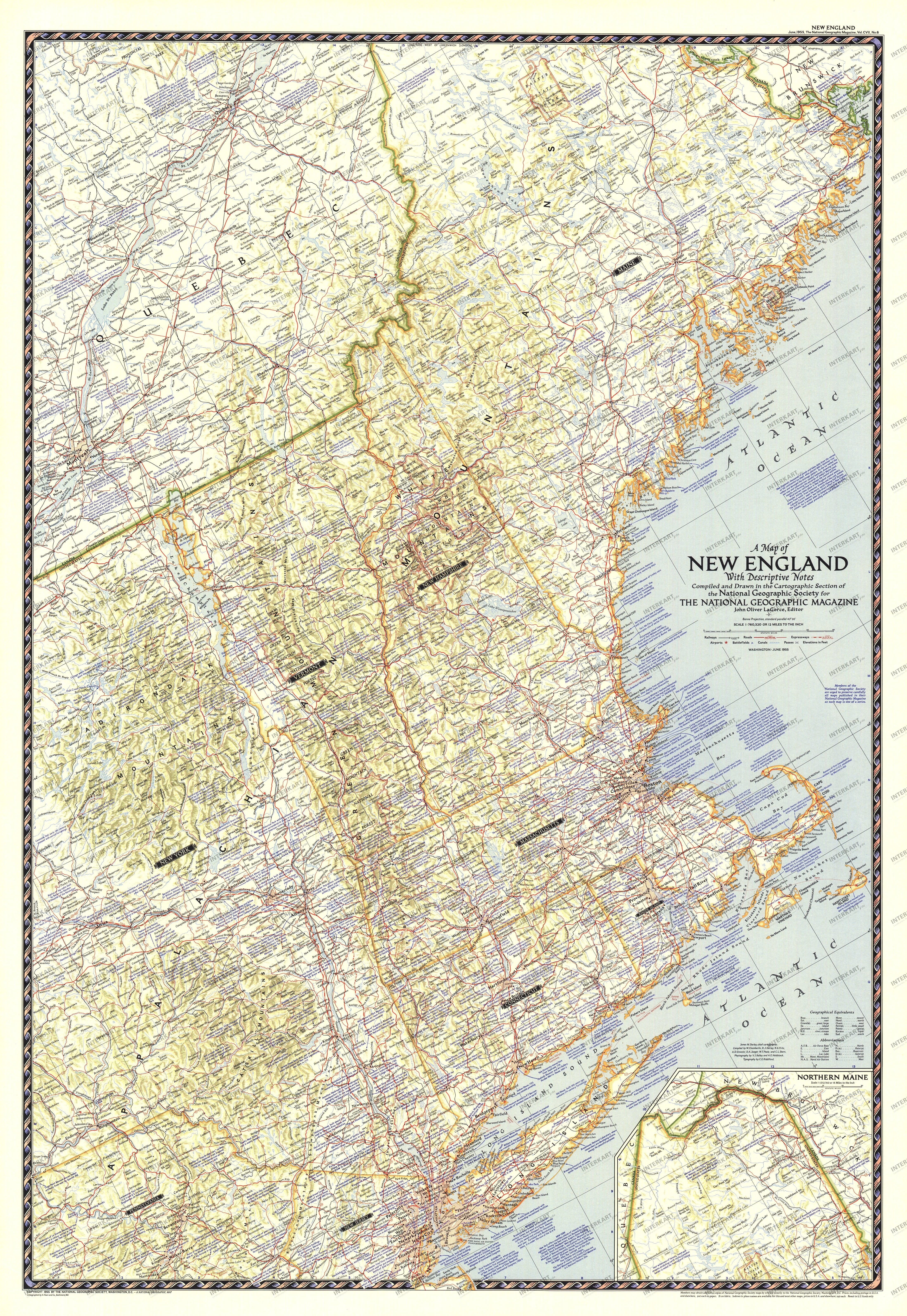 1955 Map Of New England With Descriptive Notes from National Geographic