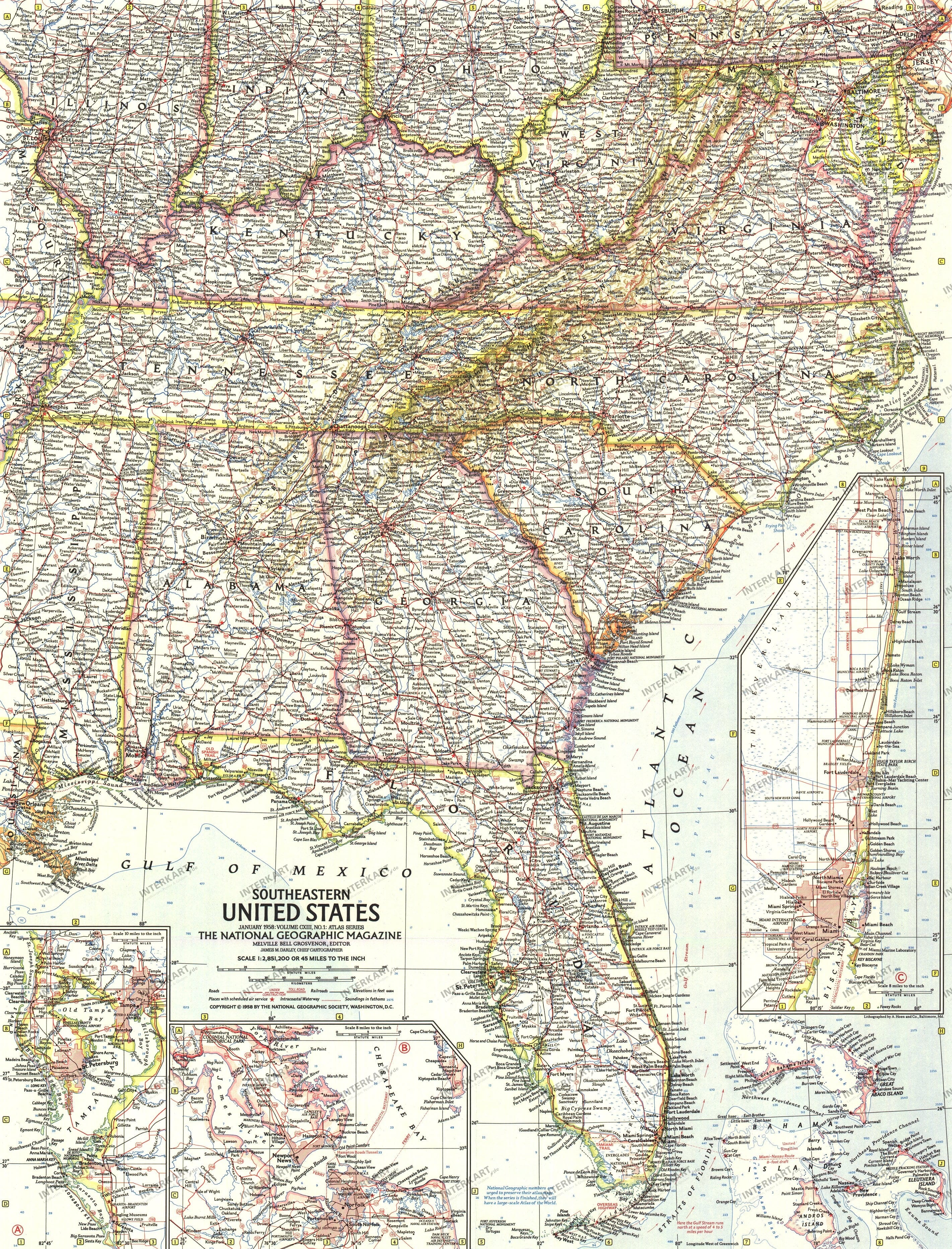 1958 Southeastern United States Map from National Geographic