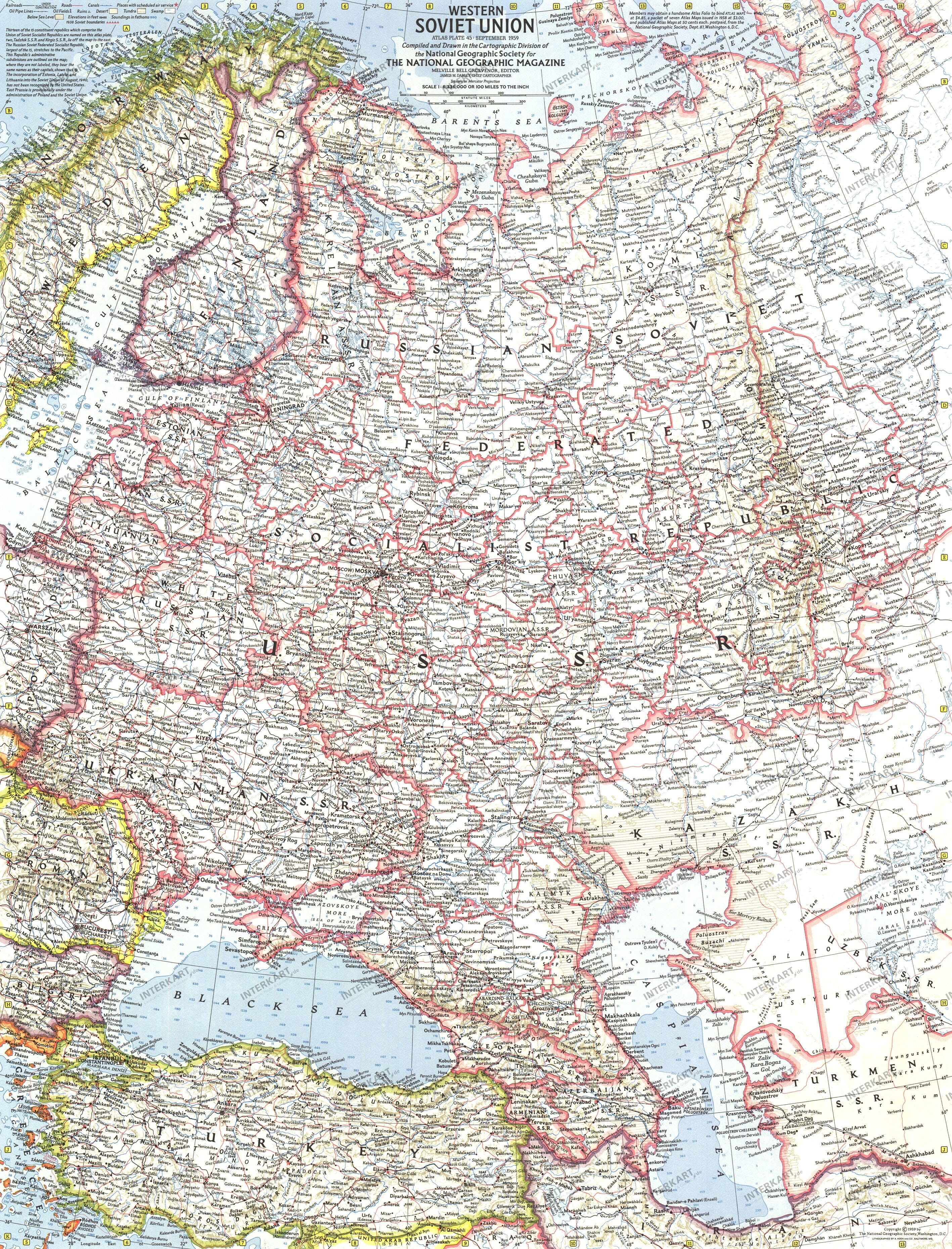 1959 Western Soviet Union Map 48 x 63cm