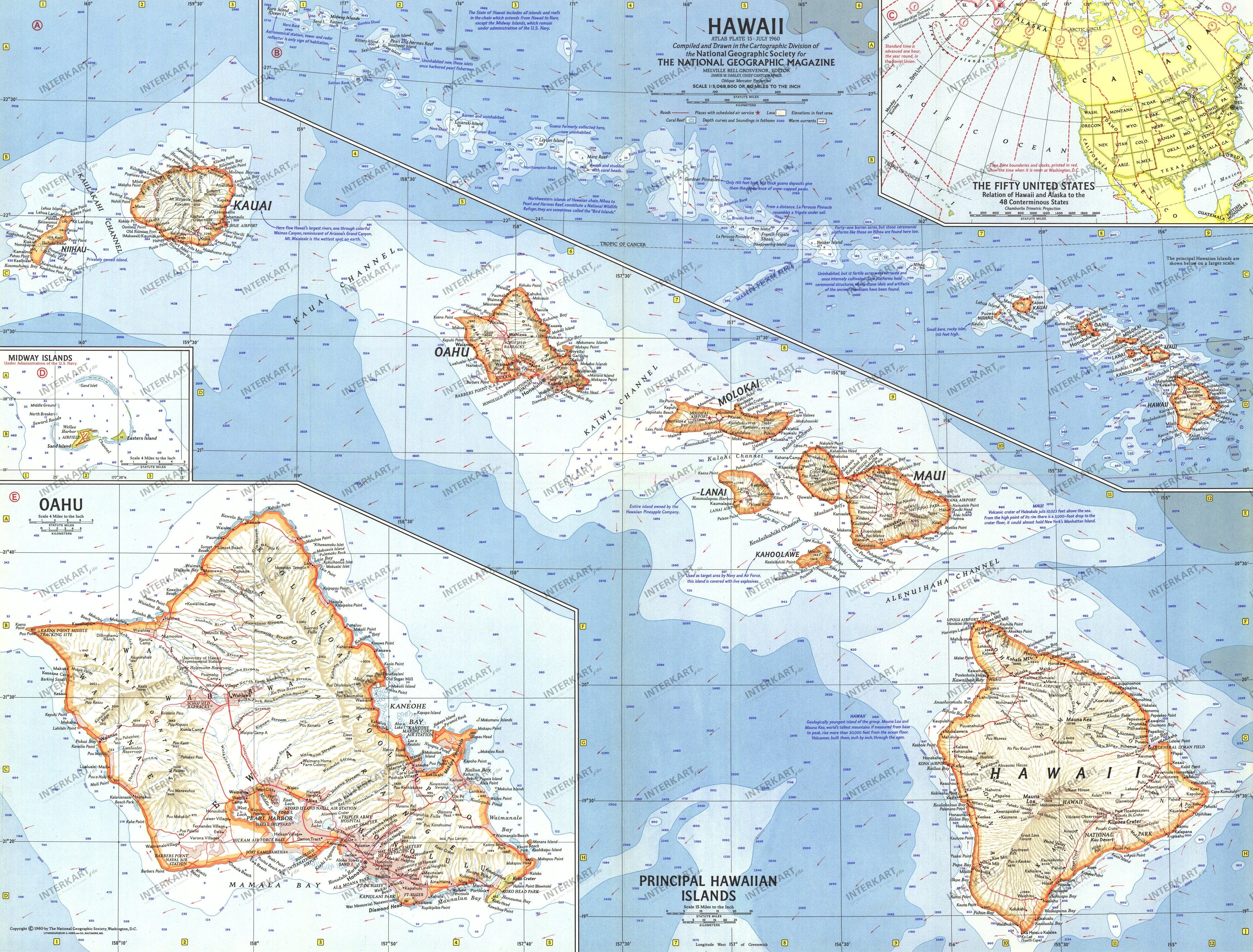 1960 Hawaii Kort 63 x 48cm
