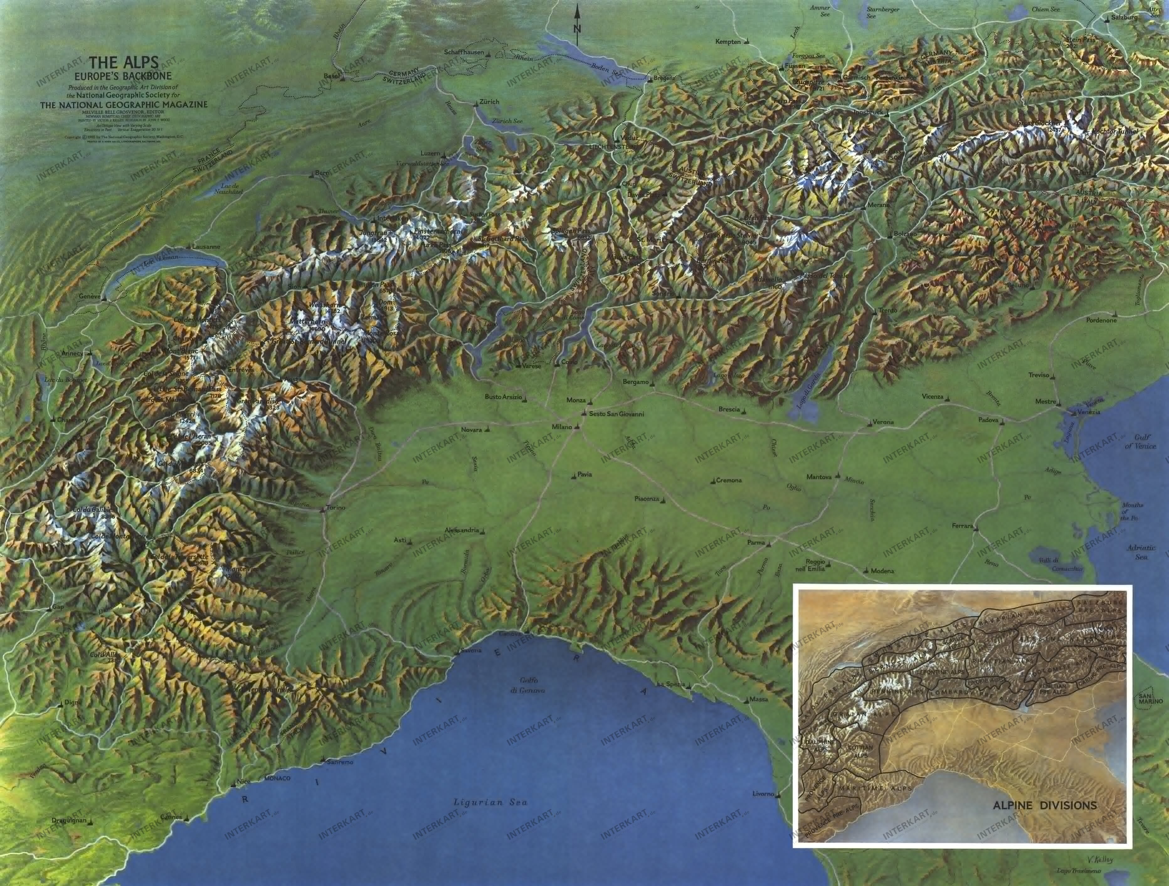 1965 Alps - Europes Backbone Map 63 x 48cm