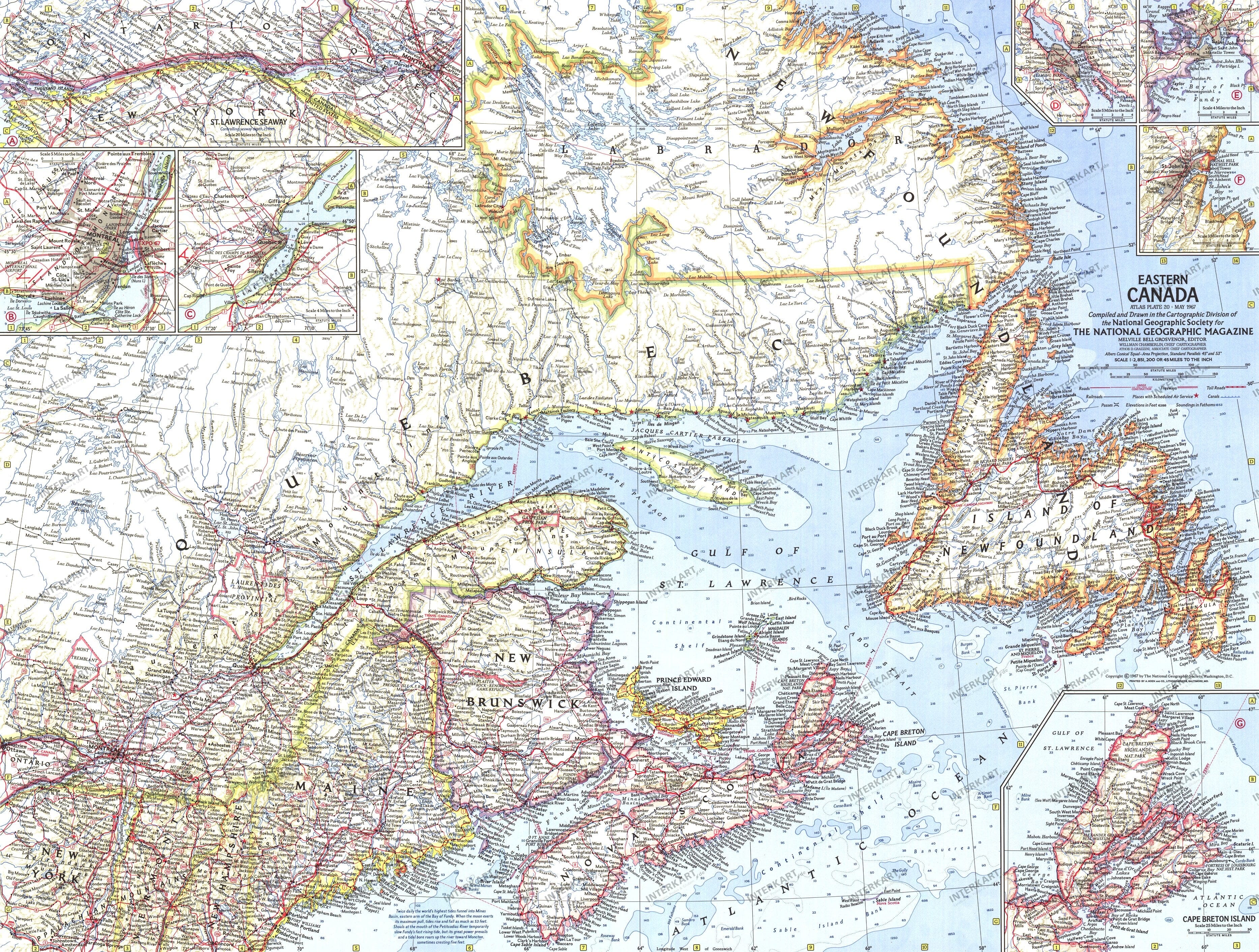 1967 Eastern Canada Map 63 x 48cm