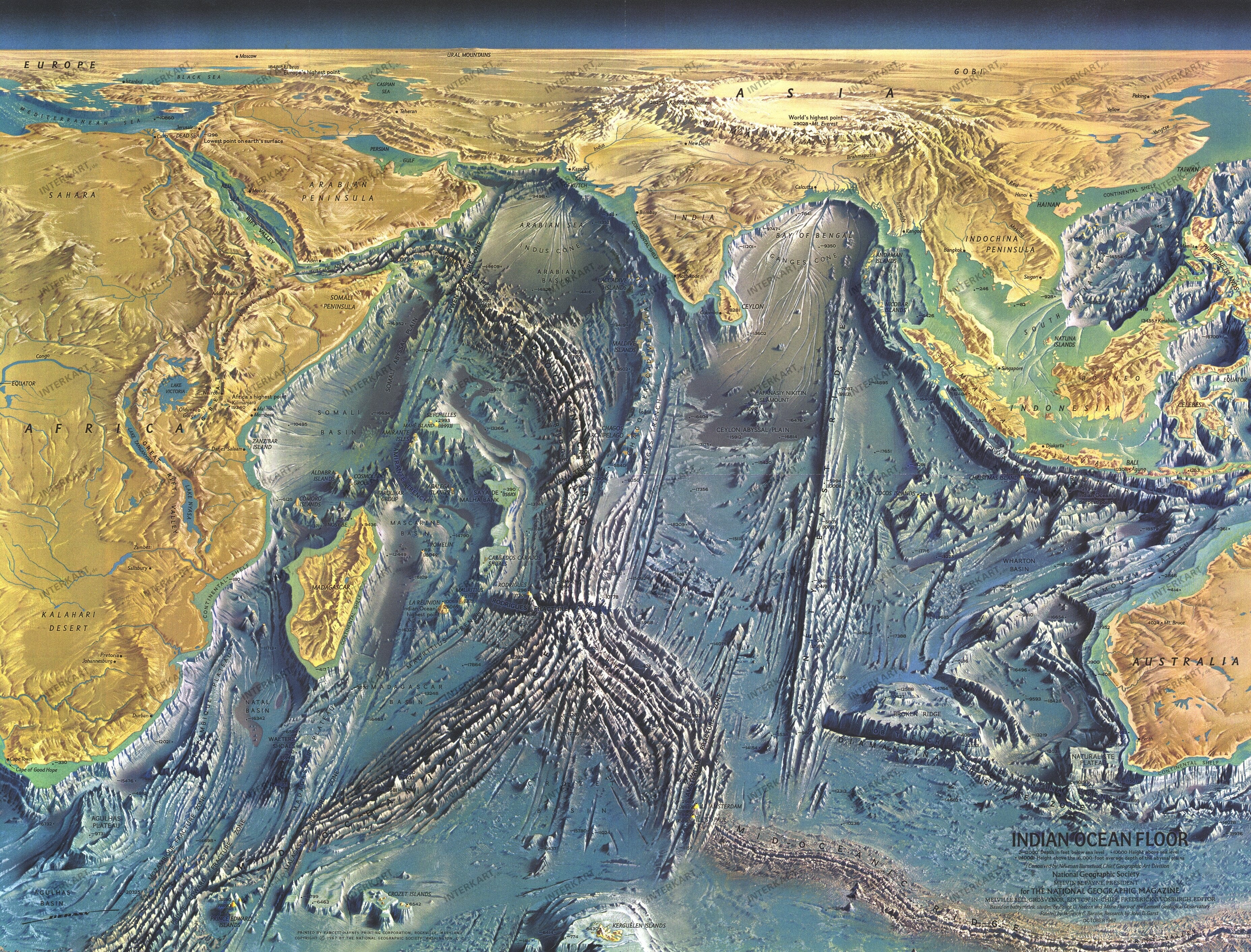 1967 Indian Ocean Floor Map 63 x 48cm
