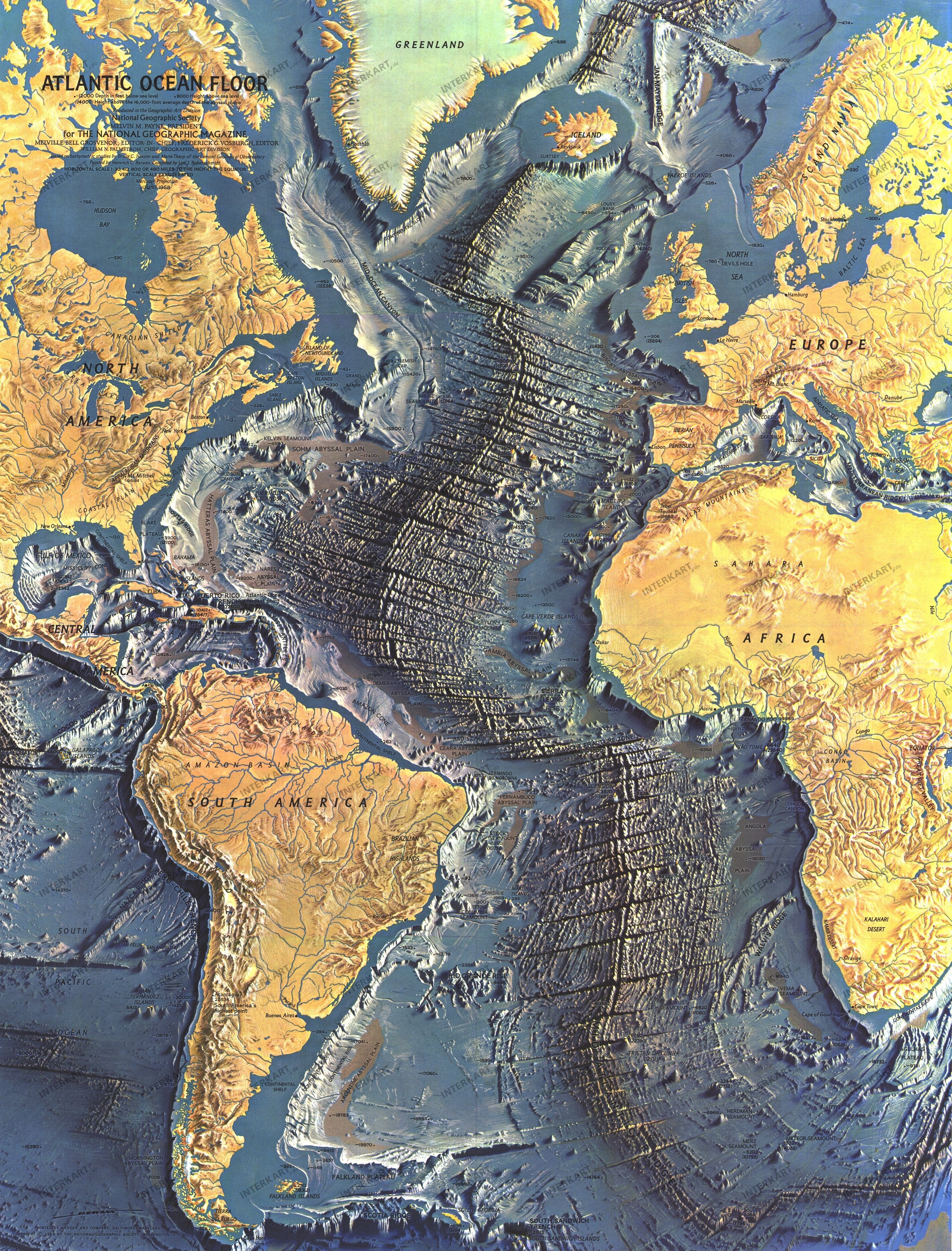 1968 Atlantic Ocean Floor Map 48 x 63cm