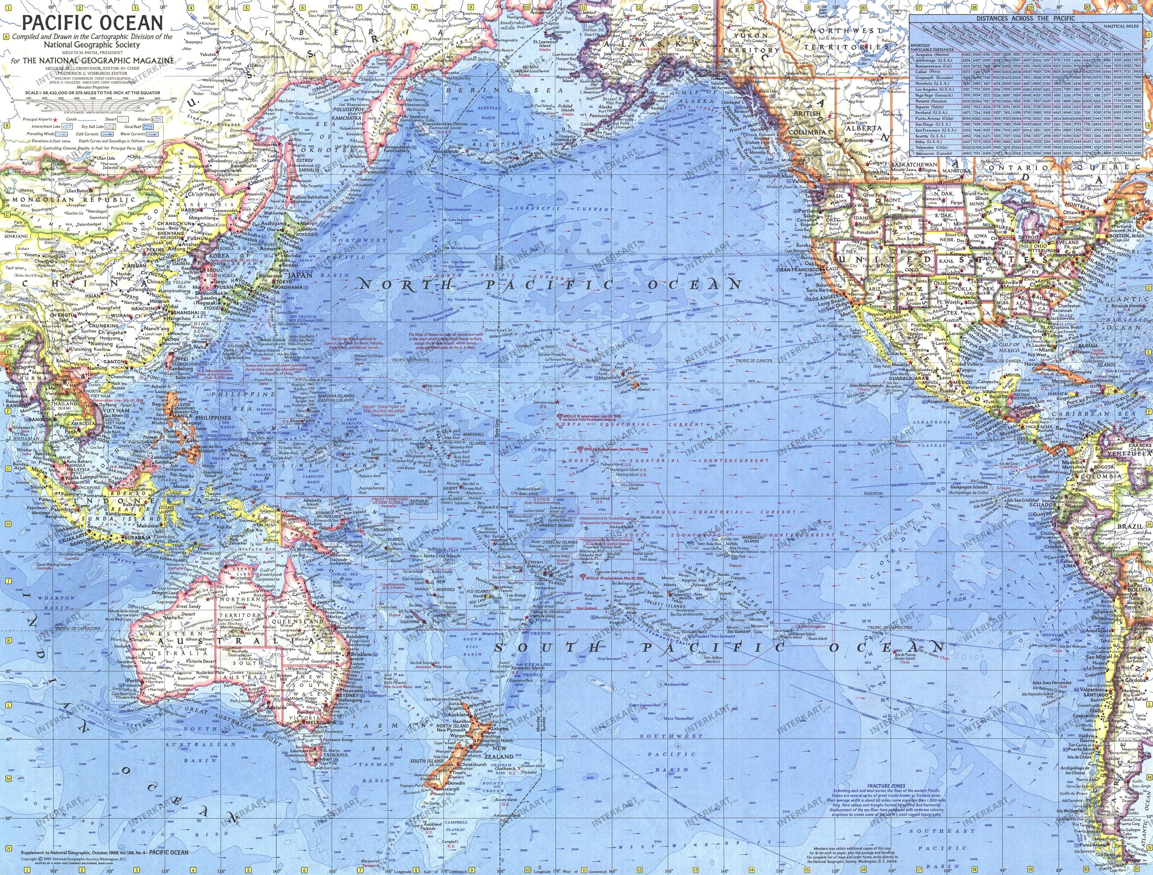 1969 Pacific Ocean Map 63 x 48cm