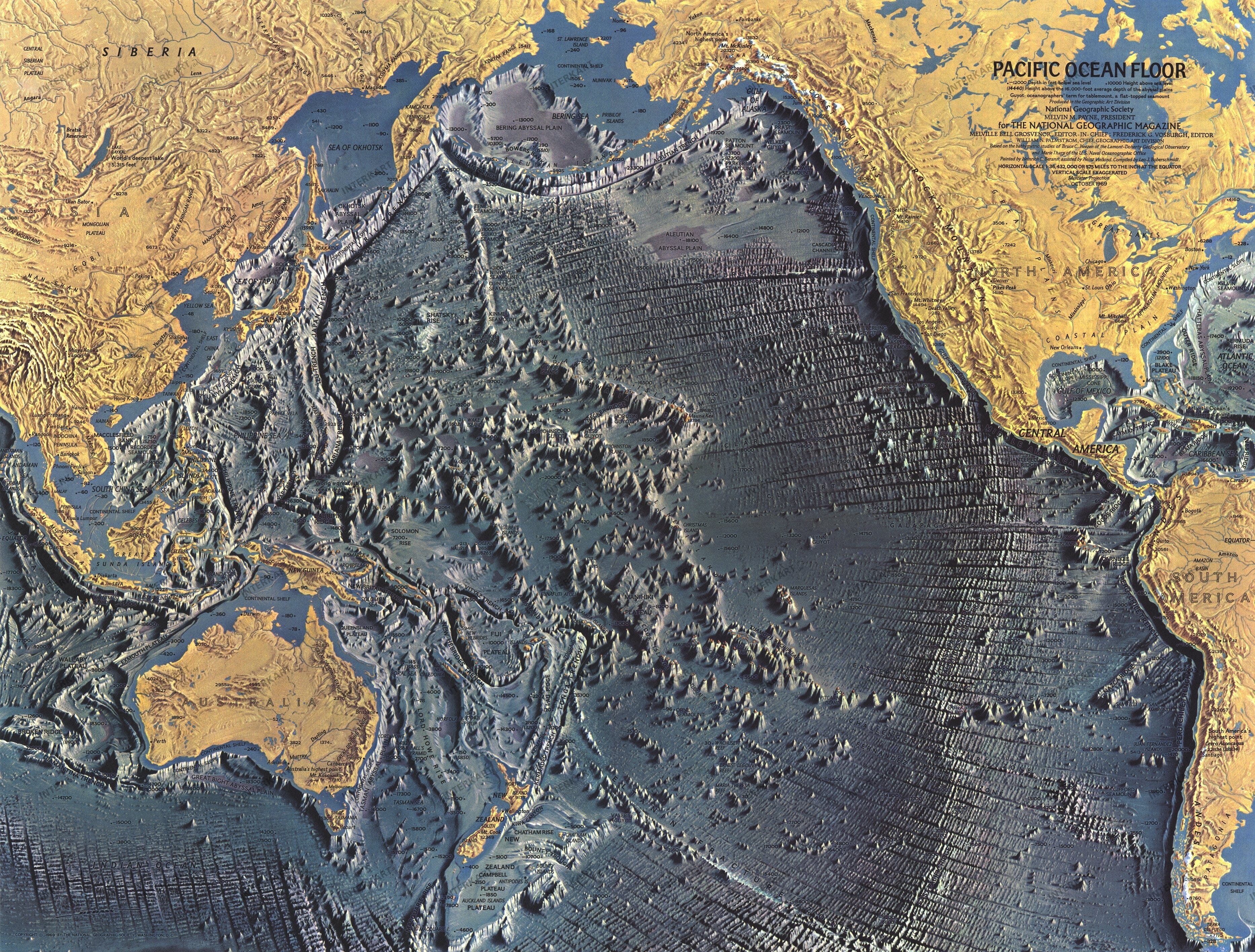 1969 Pacific Ocean Floor Map 63 x 48cm