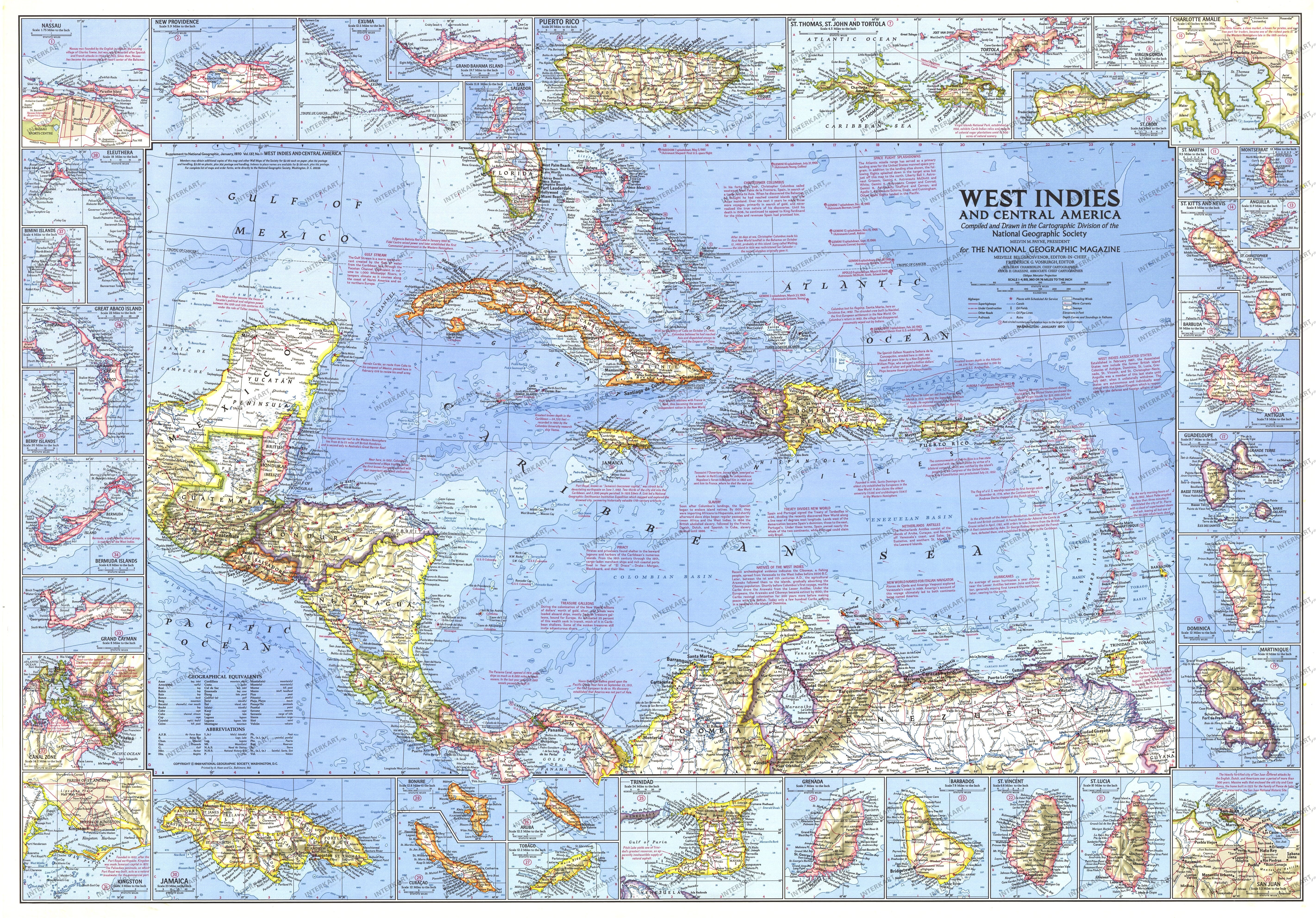 1970 West Indies And Central America Map 96 x 67cm