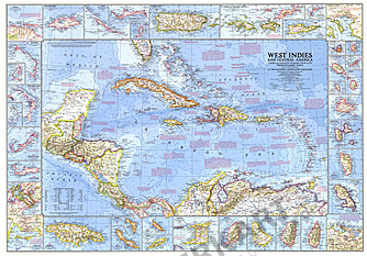 1970 Westindische Inseln und Mittelamerika Karte 96 x 67cm