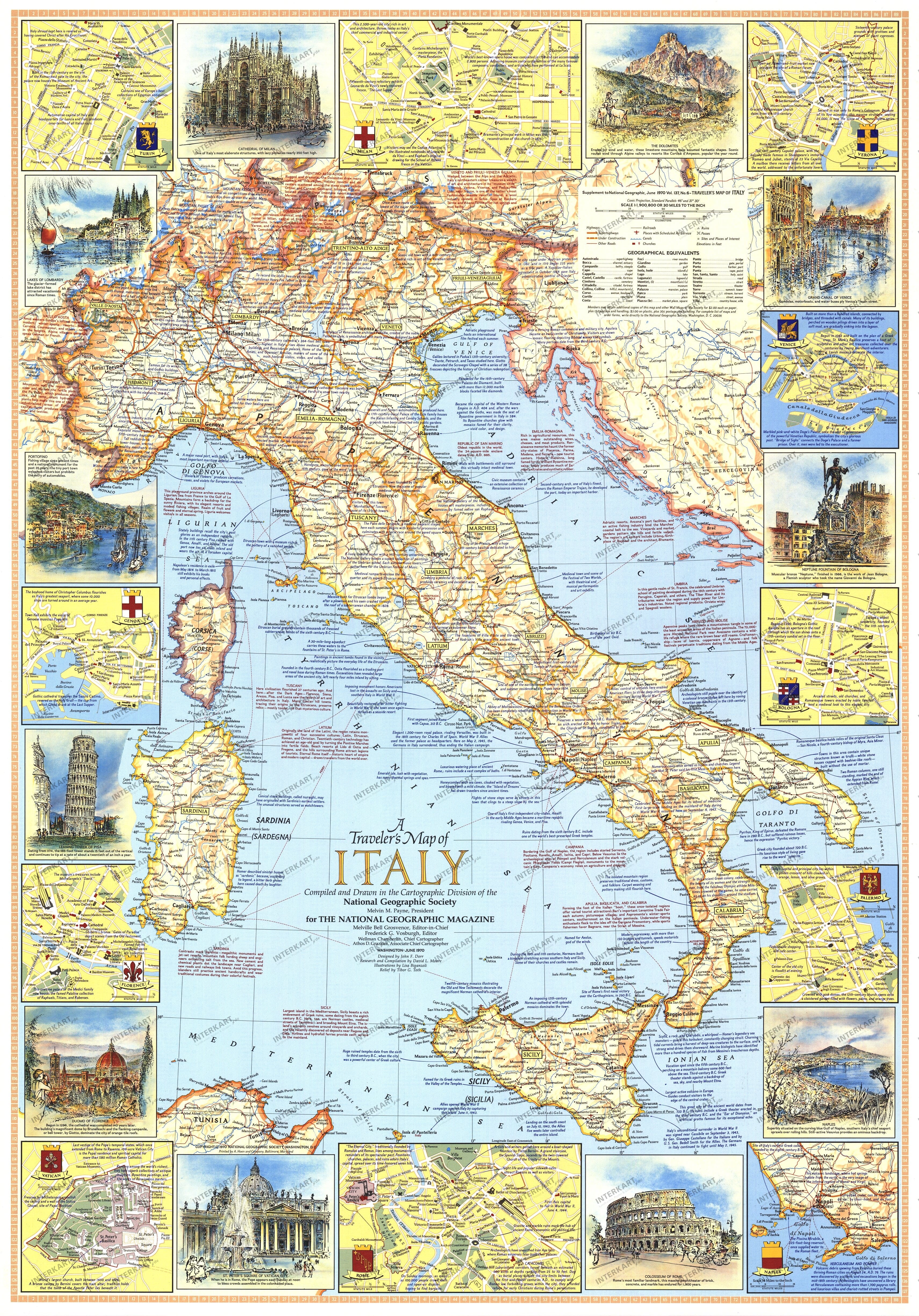 1970 Travelers Map Of Italy Side 1 58 x 82cm