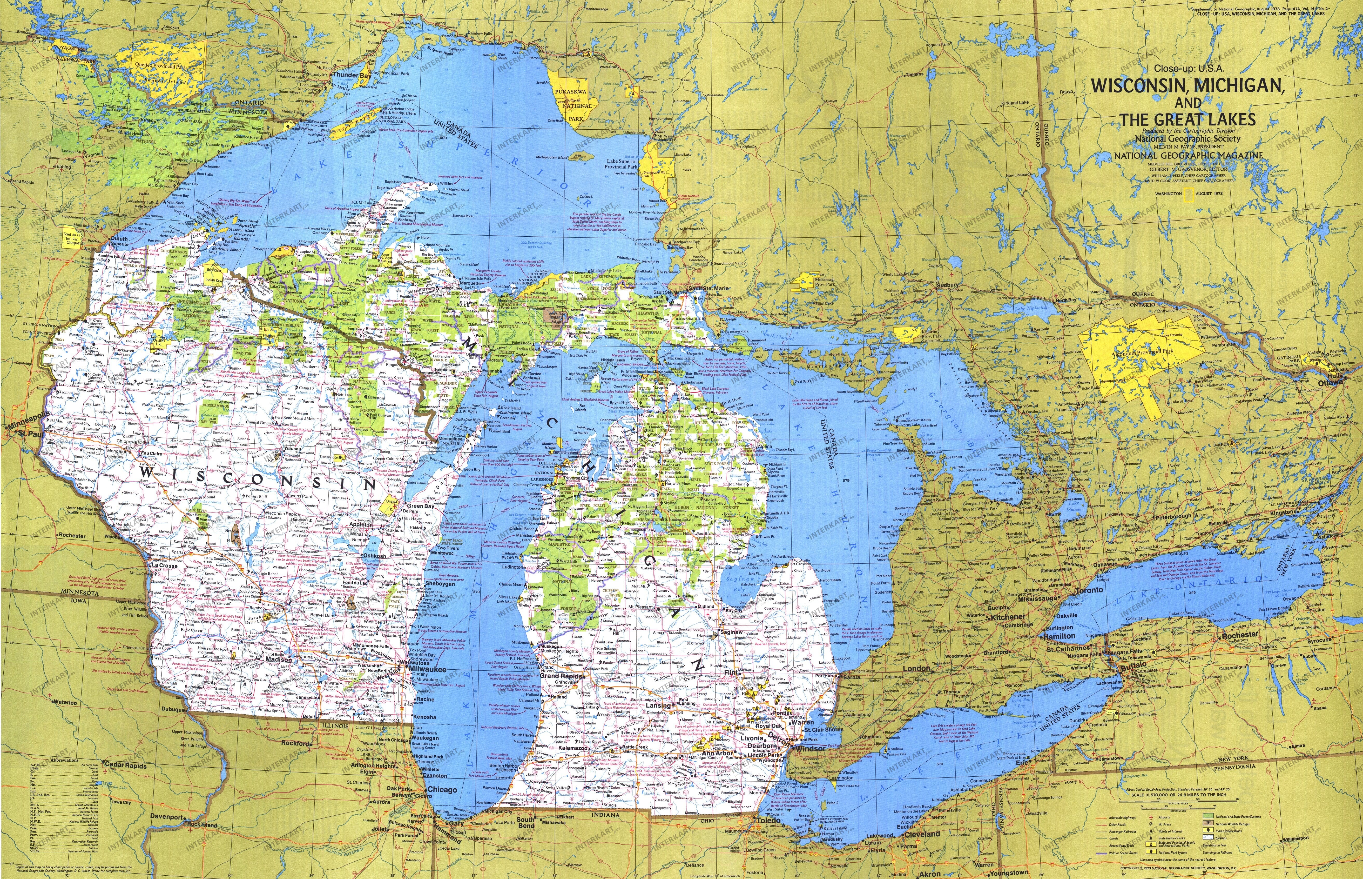 1973 Wisconsin, Michigan And The Great Lakes Map from National Geographic