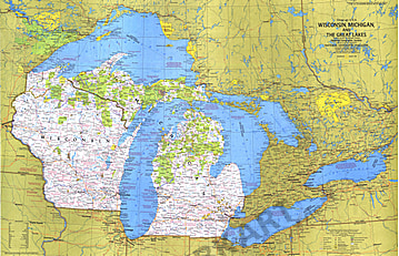 1973 Wisconsin, Michigan And The Great Lakes Map National Geographic