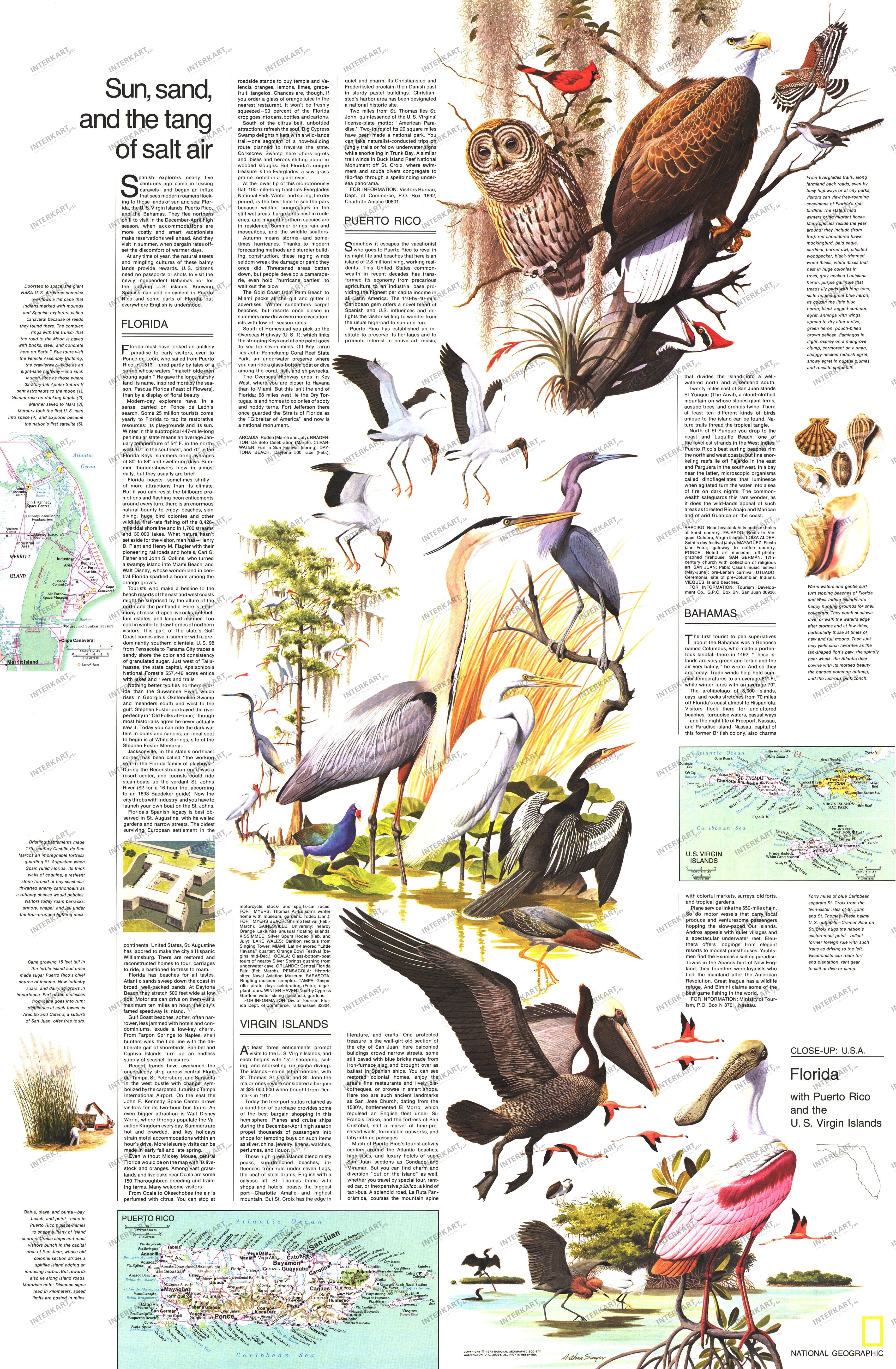 1973 Florida, Puerto Rico og U.S. Jomfruøerne Kort 58 x 89cm