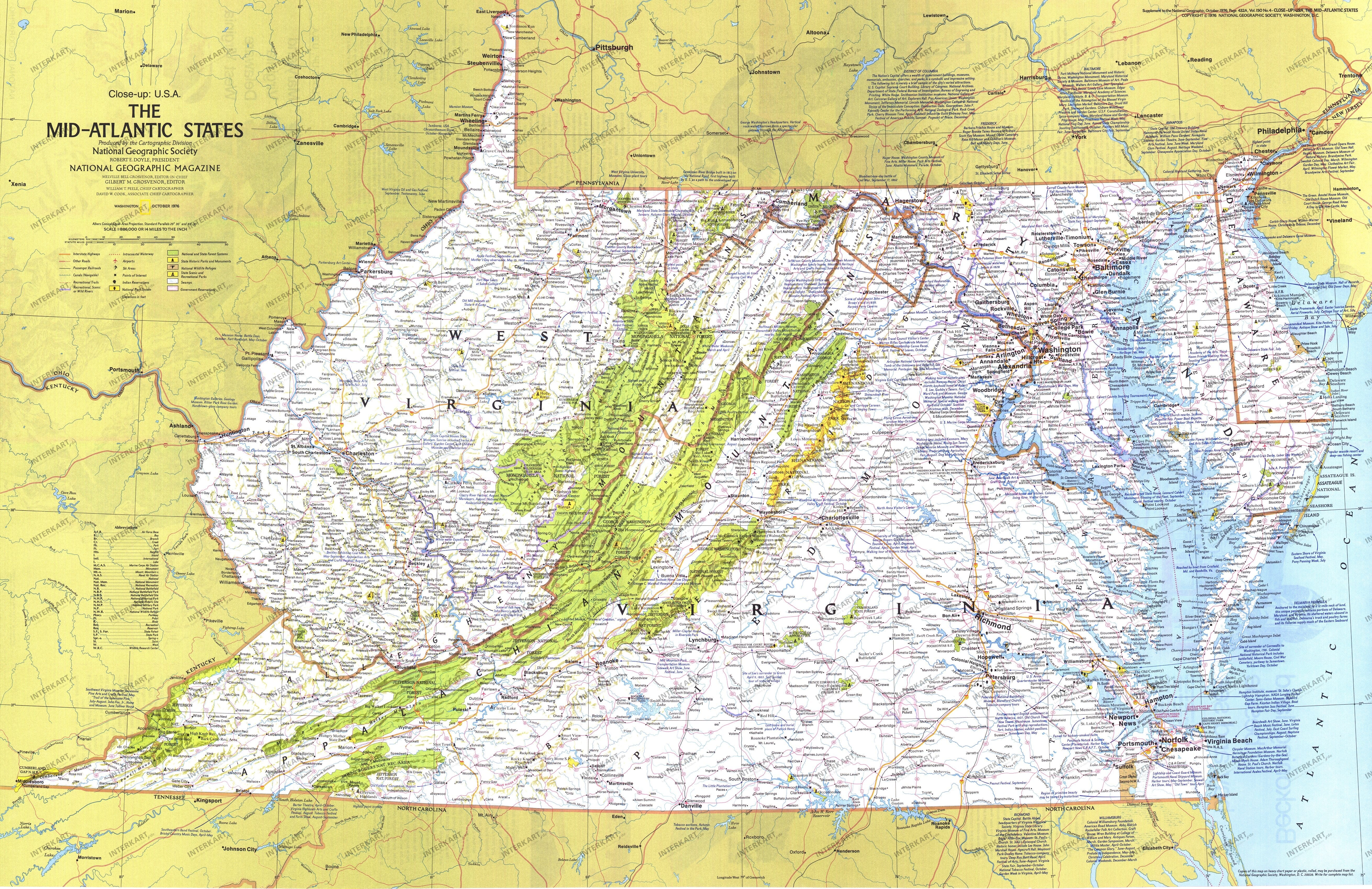 1976 Mid Atlantic States Map 89 x 57cm