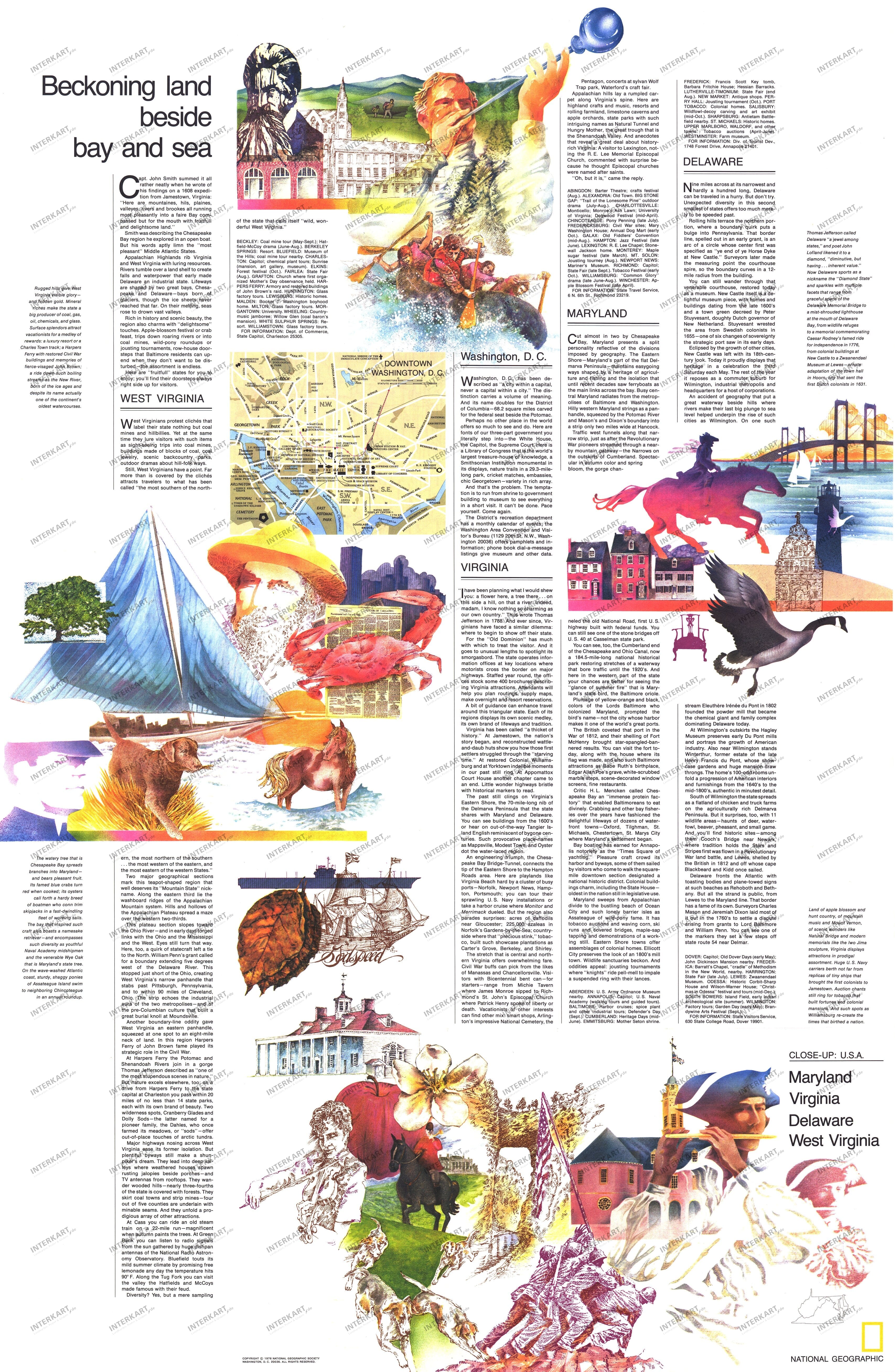 1976 Mid Atlantic States Map - Beckoning Land Beside Bay And Sea 57 x 89cm