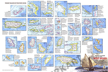 1981 Touristische Inseln der Westindischen Inseln Karte 85 x 57cm