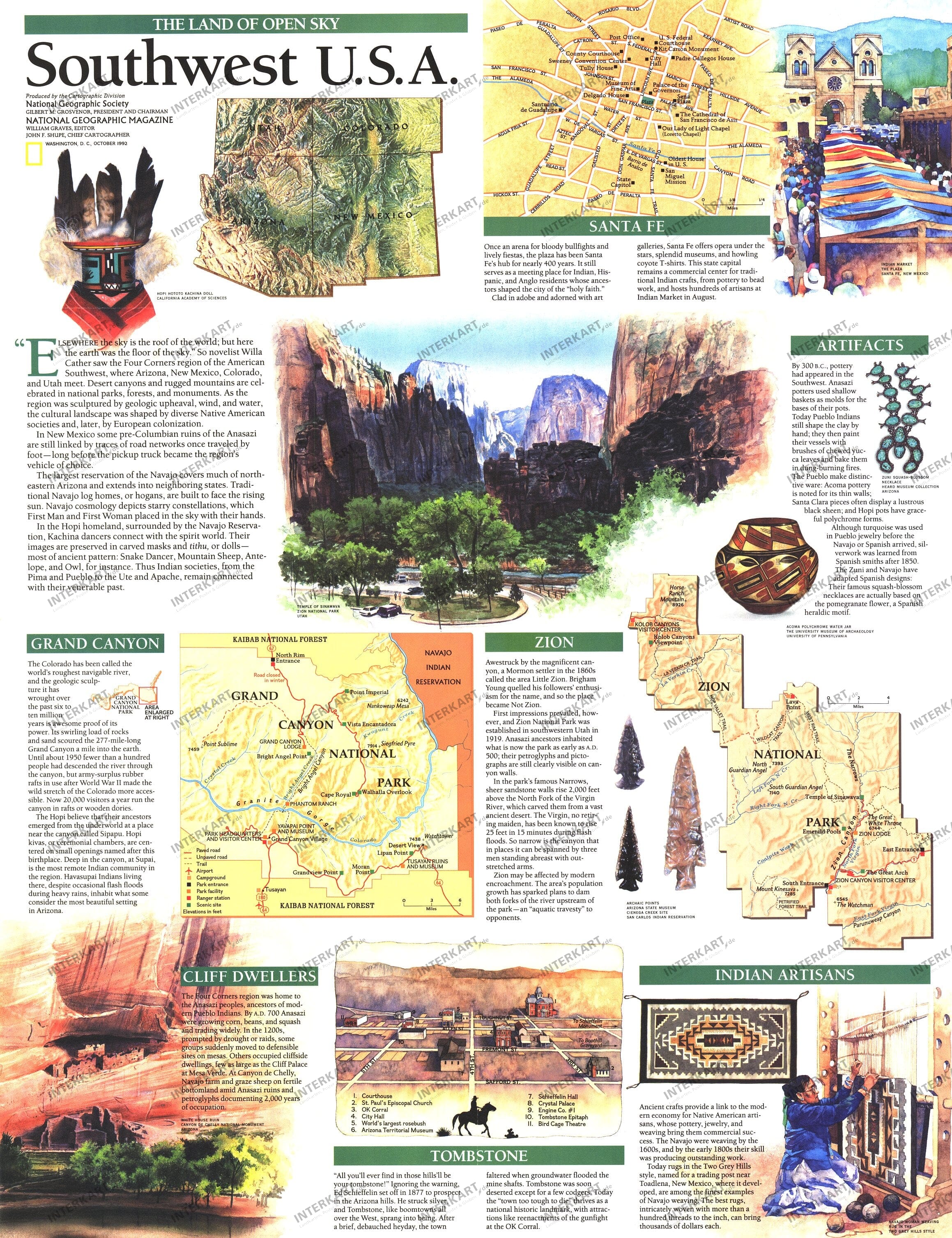 1992 Southwest USA Map Land Of Open Sky from National Geographic