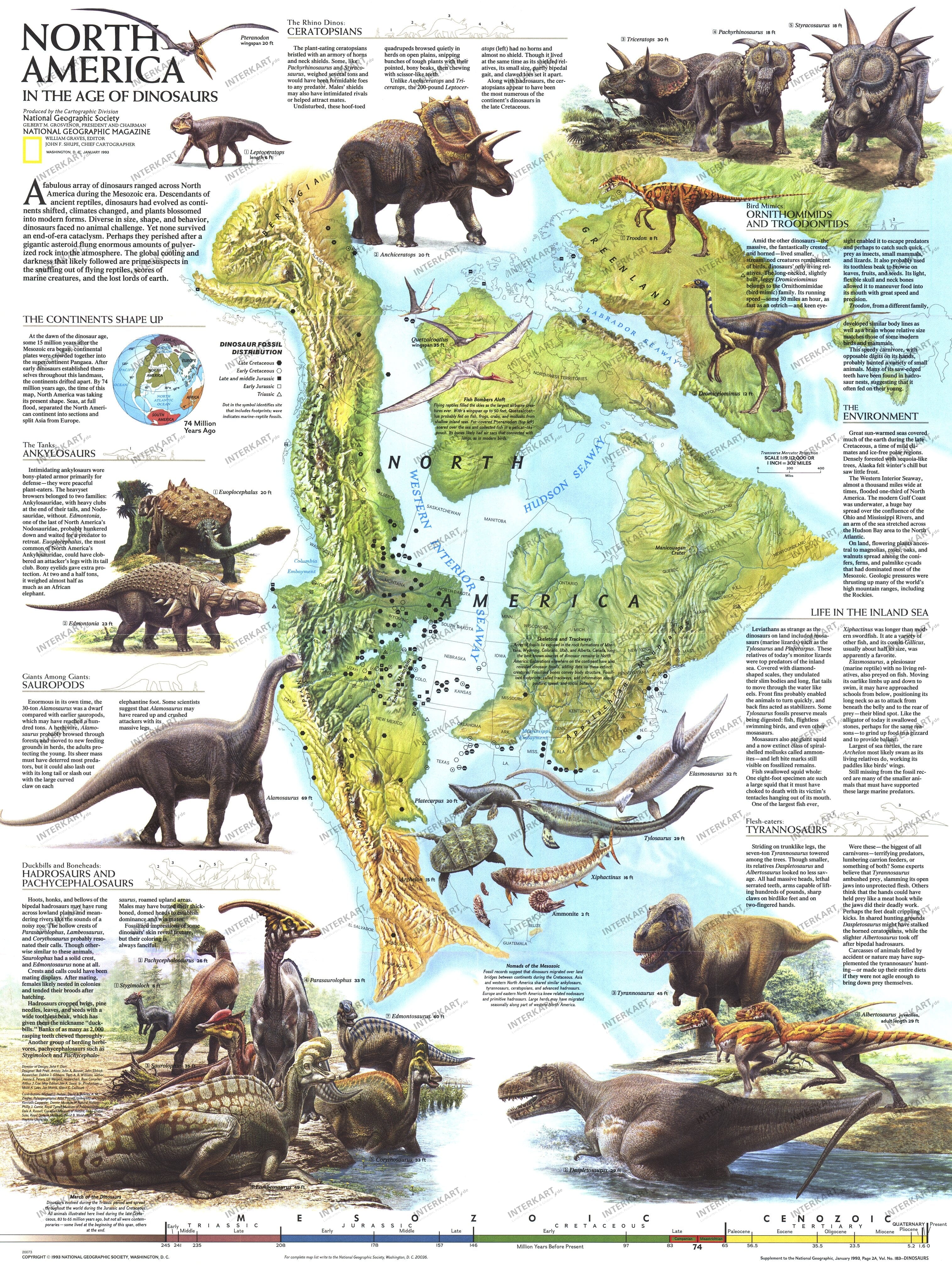1993 North America In The Age Of The Dinosaurs Map 51 x 69cm