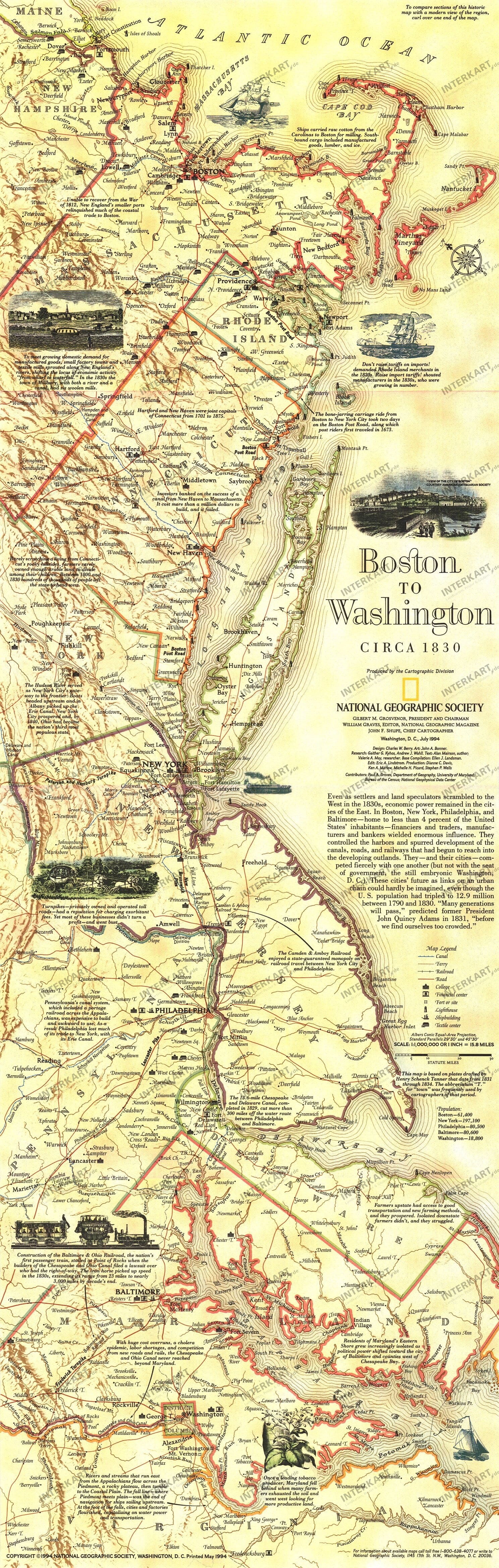 1994 Boston To Washington ca 1830 Map from National Geographic