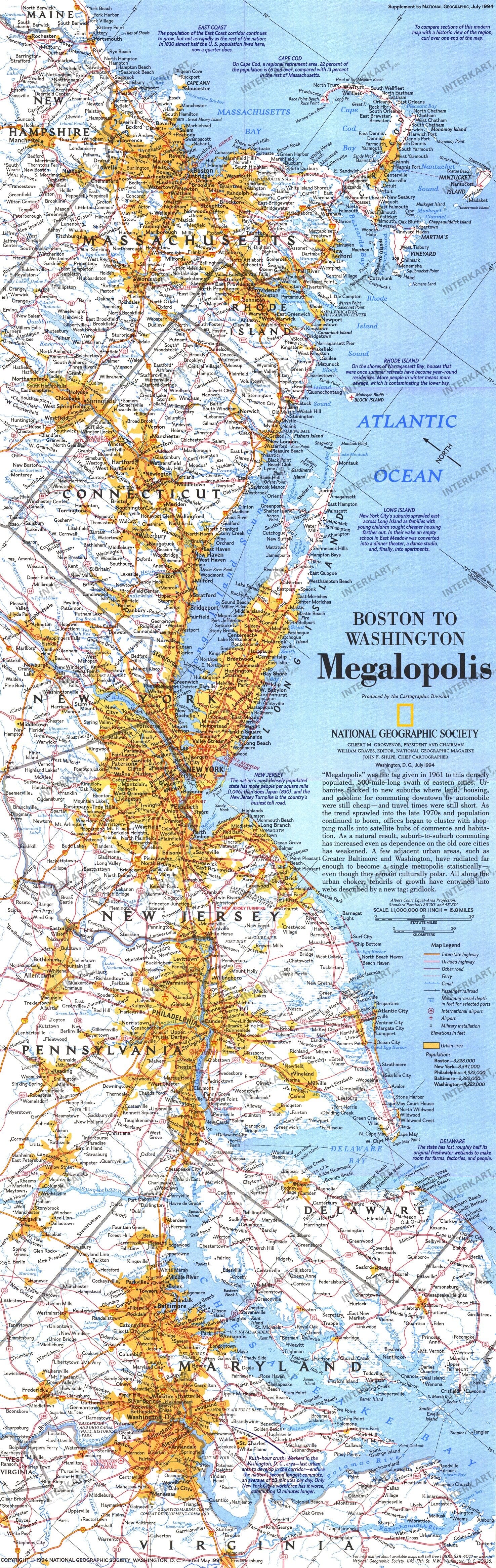 1994 Boston To Washington Megalopolis Map from National Geographic