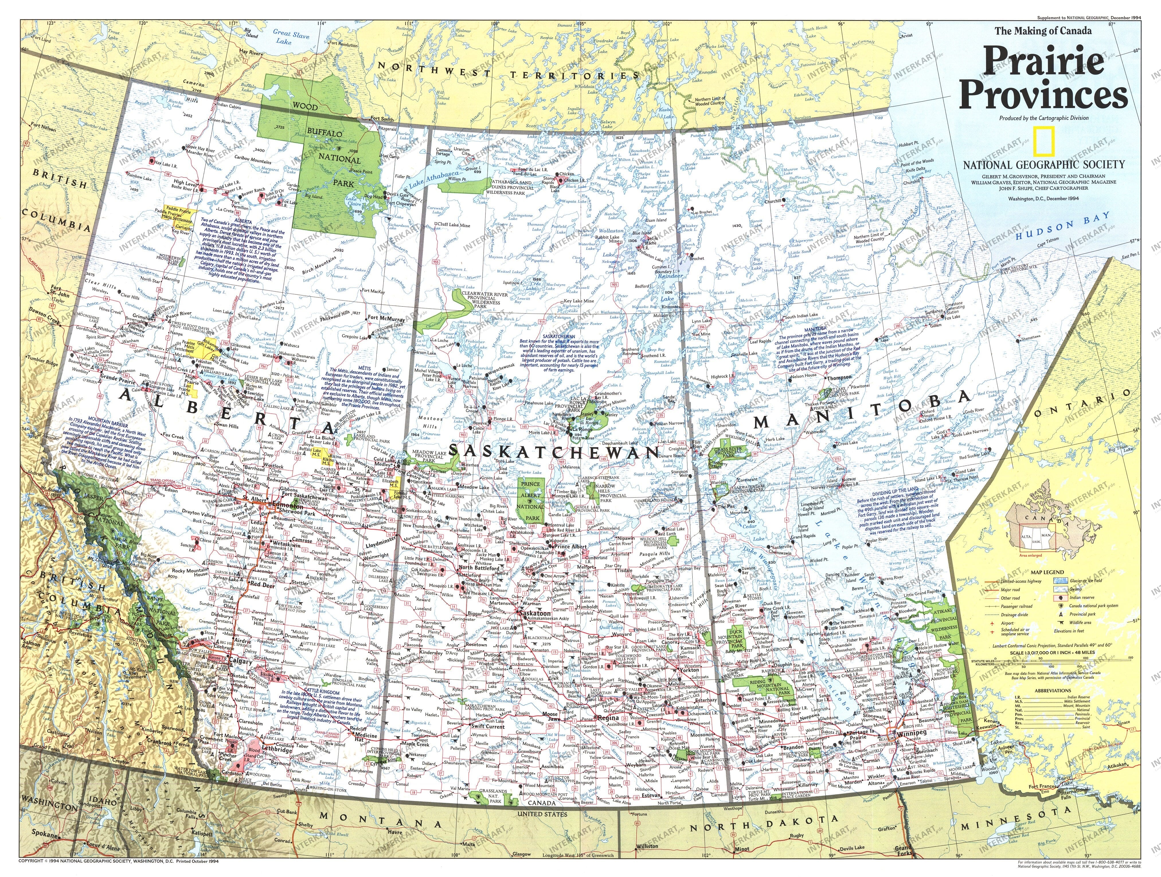 1994 Prairie Provinces Map Side 1 from National Geographic