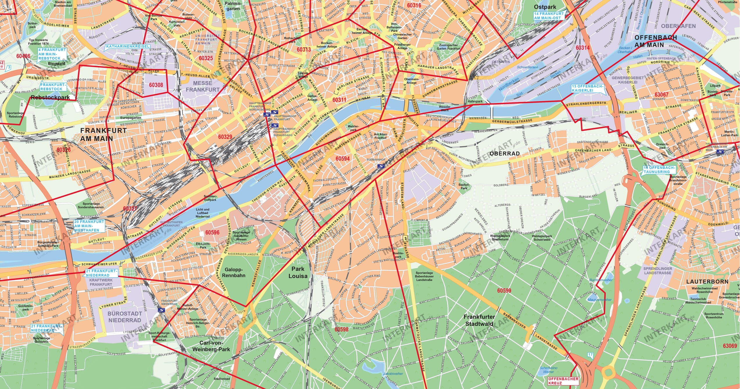 Stadtplan mit Postleitzahlen für viele Städte